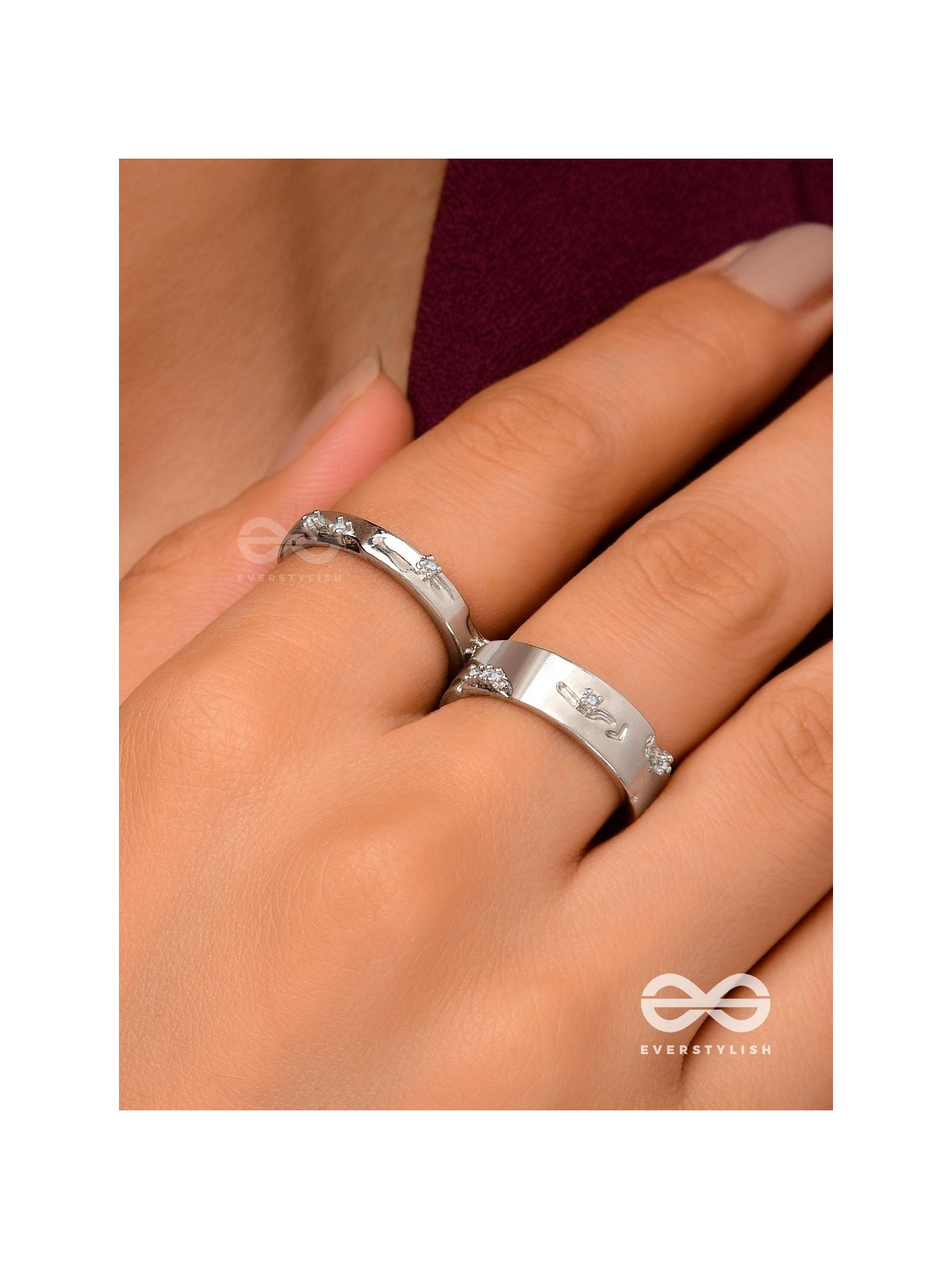The Engraved Stories - Silver Embellished Rings (Set Of 2 Adjustable)