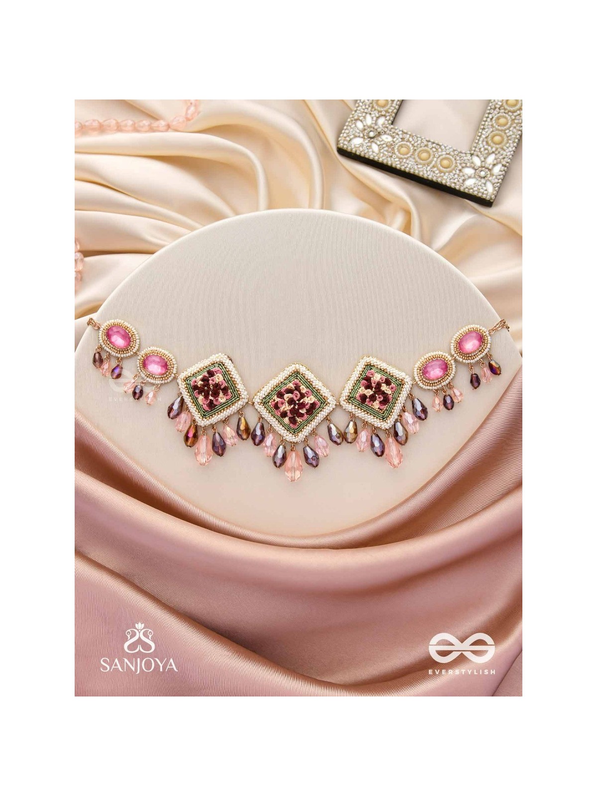 Prapushpit - The Eternal Bloom - Stones, Resham, Beads And Glass Drops Hand Embroidered Neckpiece