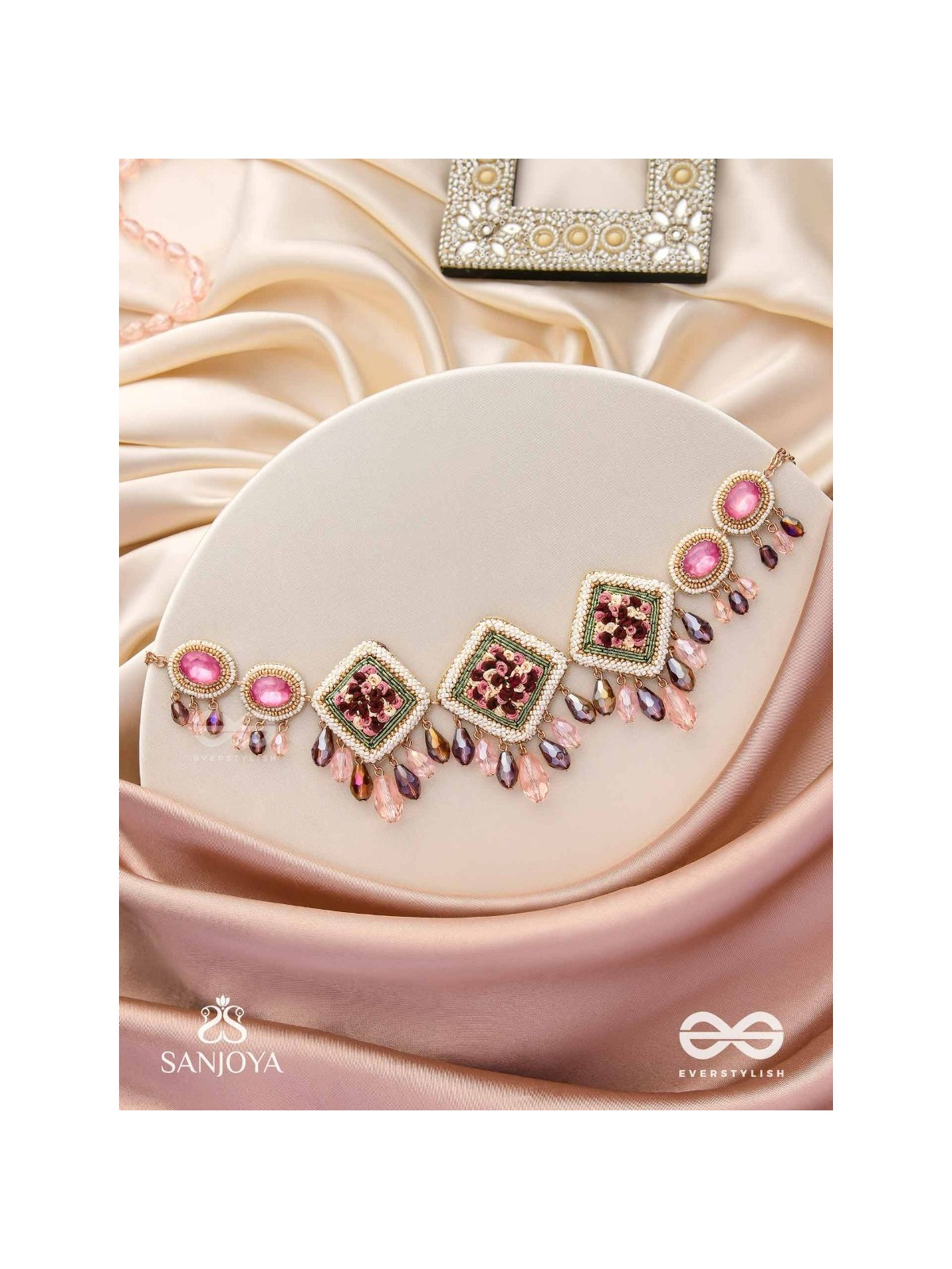 Prapushpit - The Eternal Bloom - Stones, Resham, Beads And Glass Drops Hand Embroidered Neckpiece