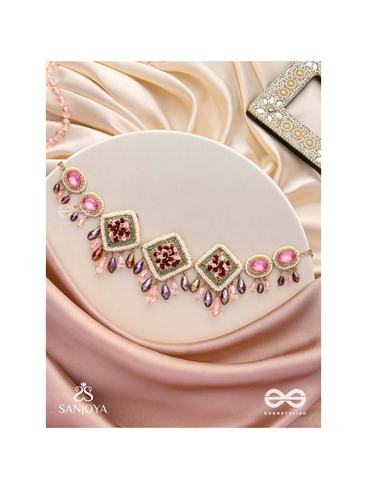 Prapushpit - The Eternal Bloom - Stones, Resham, Beads And Glass Drops Hand Embroidered Neckpiece