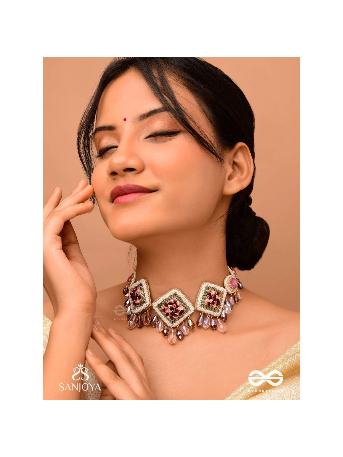 Prapushpit - The Eternal Bloom - Stones, Resham, Beads And Glass Drops Hand Embroidered Neckpiece