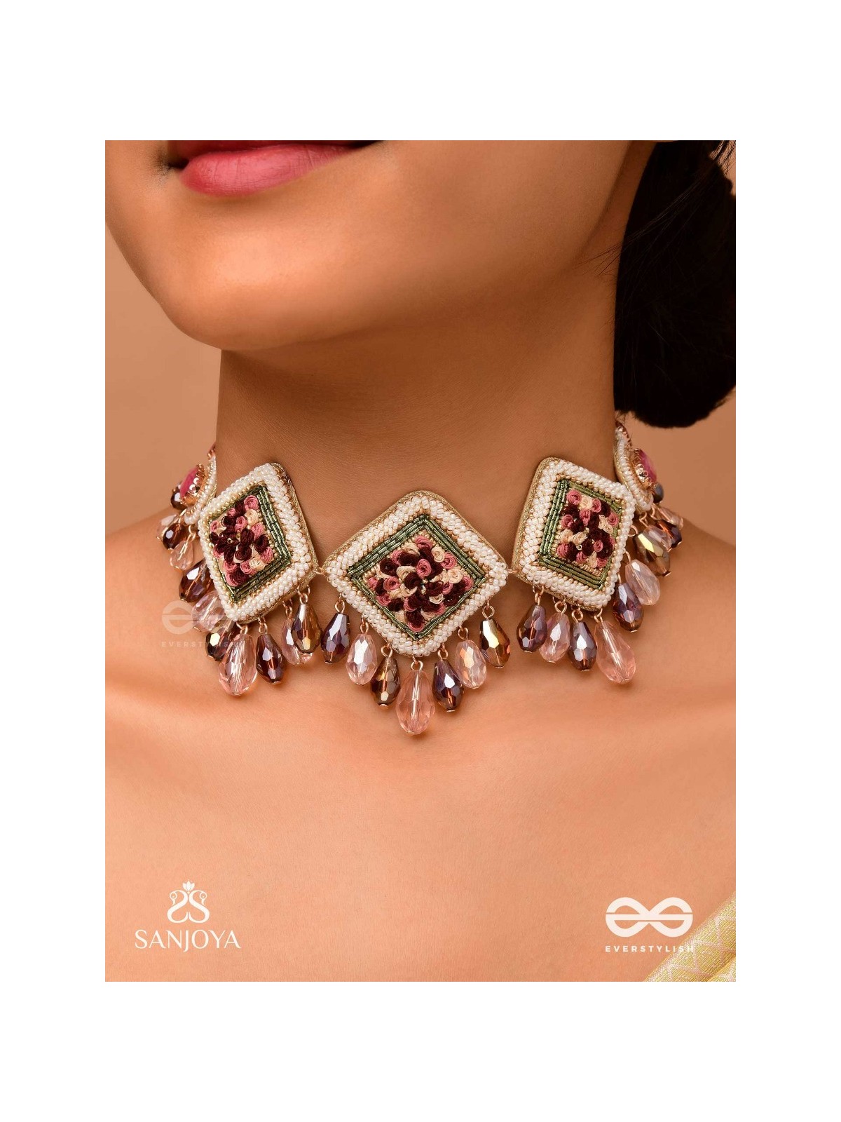 Prapushpit - The Eternal Bloom - Stones, Resham, Beads And Glass Drops Hand Embroidered Neckpiece