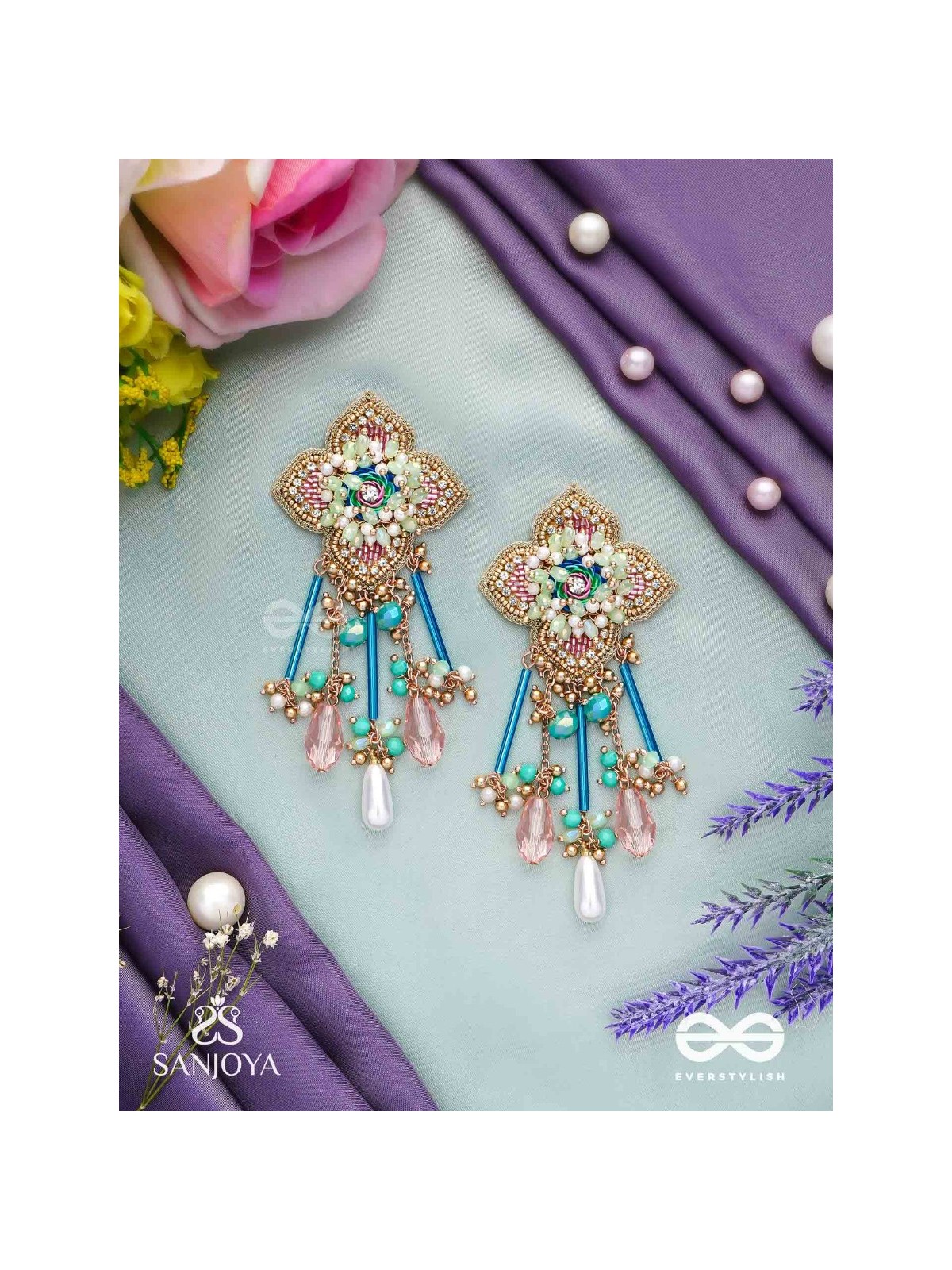 Parirapin - The Whispering Buds - Sequins, Beads And Glass Drops Hand Embroidered Earrings