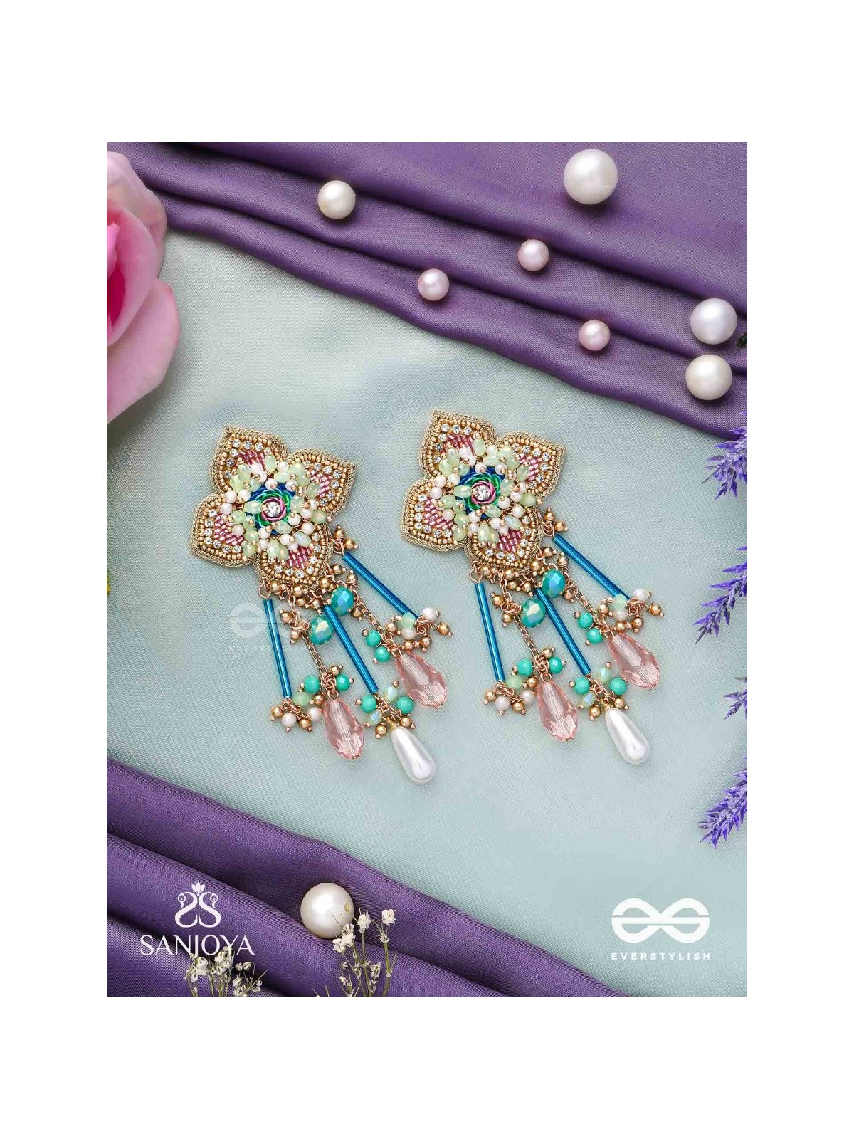 Parirapin - The Whispering Buds - Sequins, Beads And Glass Drops Hand Embroidered Earrings