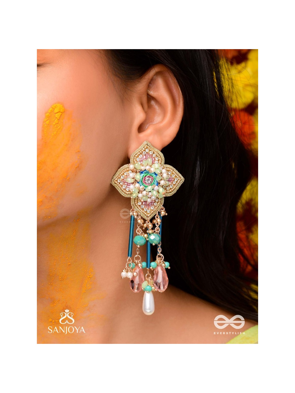 Parirapin - The Whispering Buds - Sequins, Beads And Glass Drops Hand Embroidered Earrings