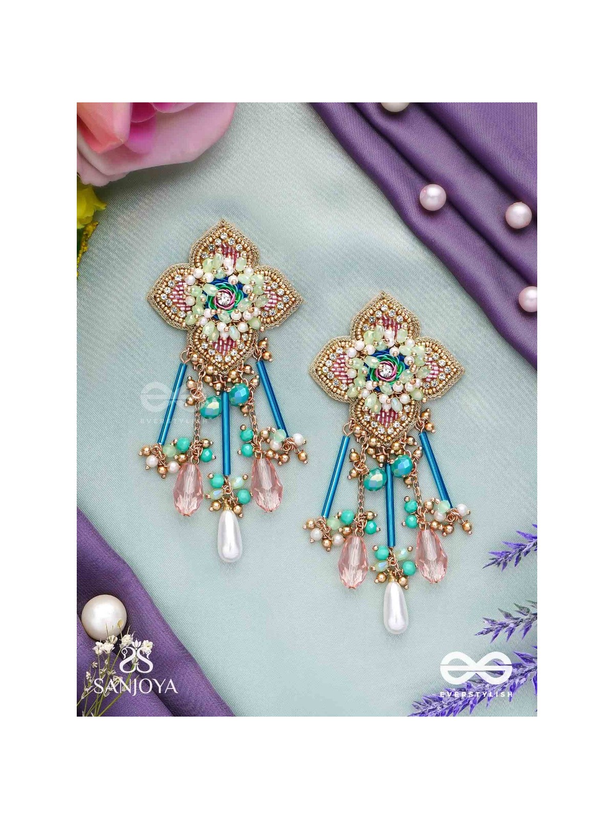 Parirapin - The Whispering Buds - Sequins, Beads And Glass Drops Hand Embroidered Earrings