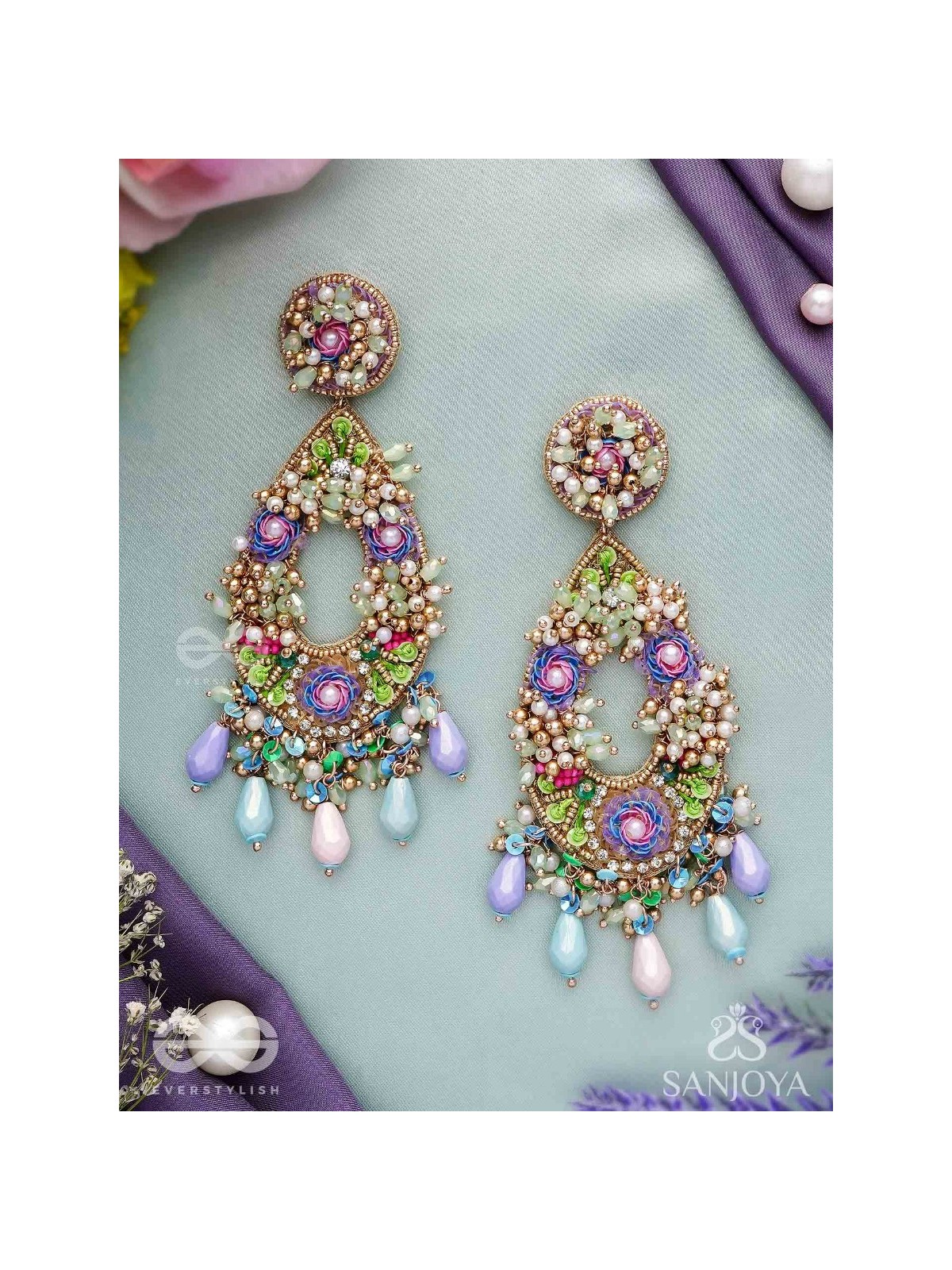 MANJUSUMANA - BEAUTIFUL BLOSSOM - SEQUINS, BEADS AND GLASS DROPS HAND EMBROIDERED EARRINGS