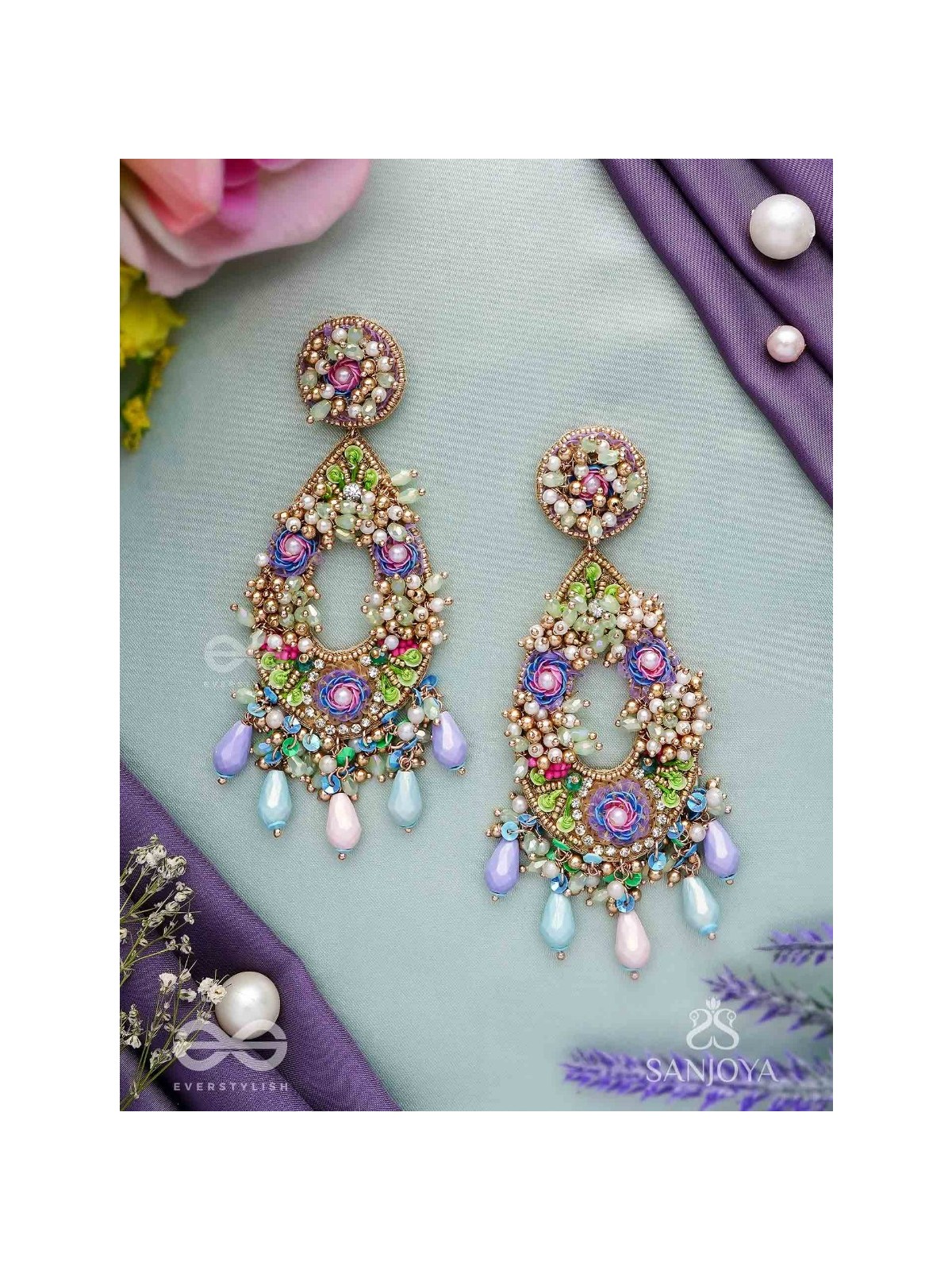 MANJUSUMANA - BEAUTIFUL BLOSSOM - SEQUINS, BEADS AND GLASS DROPS HAND EMBROIDERED EARRINGS