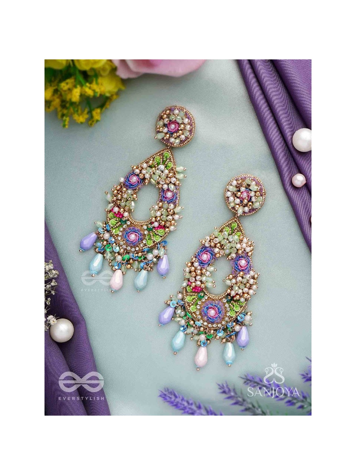 MANJUSUMANA - BEAUTIFUL BLOSSOM - SEQUINS, BEADS AND GLASS DROPS HAND EMBROIDERED EARRINGS