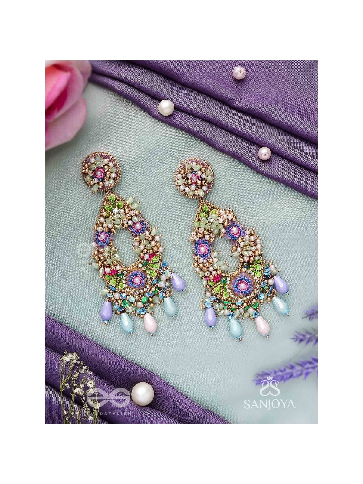 MANJUSUMANA - BEAUTIFUL BLOSSOM - SEQUINS, BEADS AND GLASS DROPS HAND EMBROIDERED EARRINGS