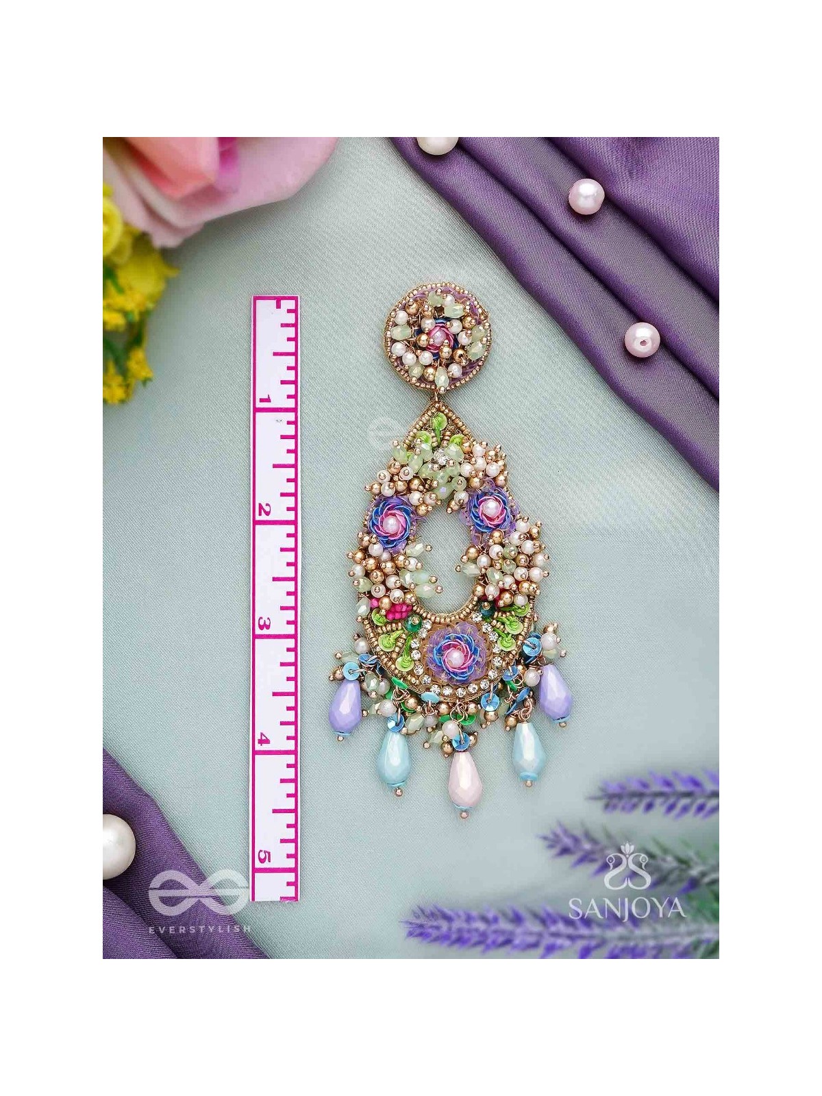 MANJUSUMANA - BEAUTIFUL BLOSSOM - SEQUINS, BEADS AND GLASS DROPS HAND EMBROIDERED EARRINGS