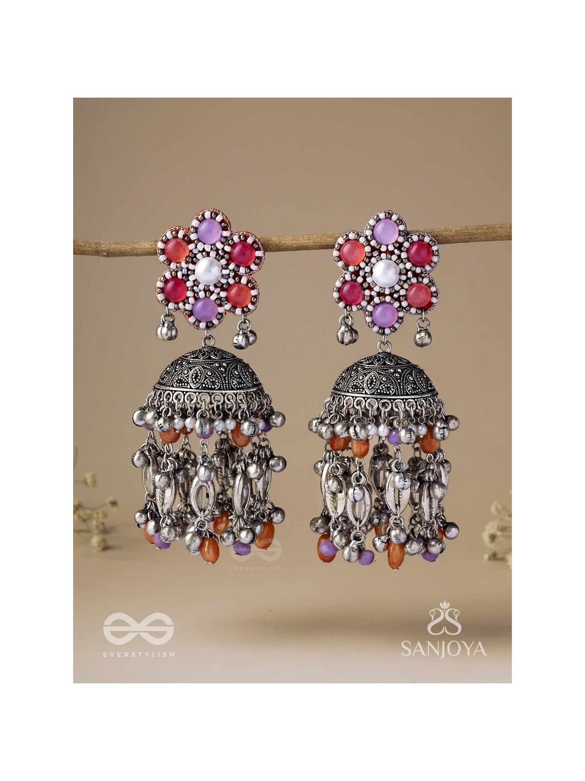 Punyodyan - The Shell Shalimar - Beads, Shells And Glass Drops Hand Embroidered Oxidised Jhumka Earrings