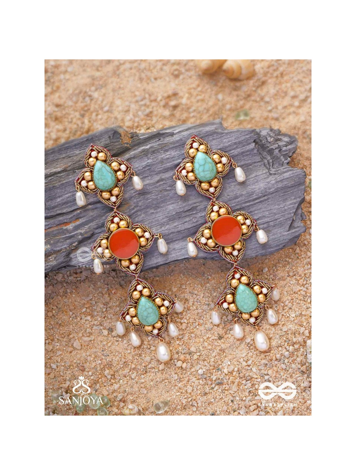 Bhritpushpa - The Floral Cascade - Beads, Dabka And Pearl Drops Hand Embroidered Earrings