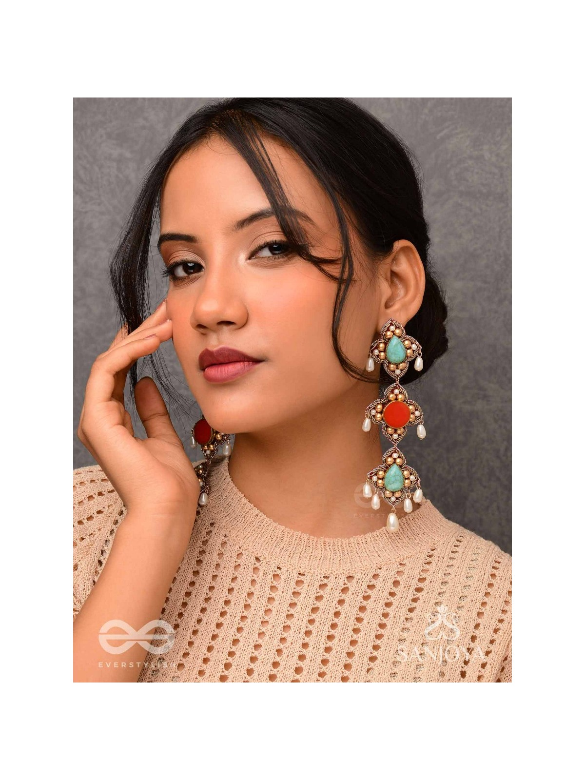 Bhritpushpa - The Floral Cascade - Beads, Dabka And Pearl Drops Hand Embroidered Earrings
