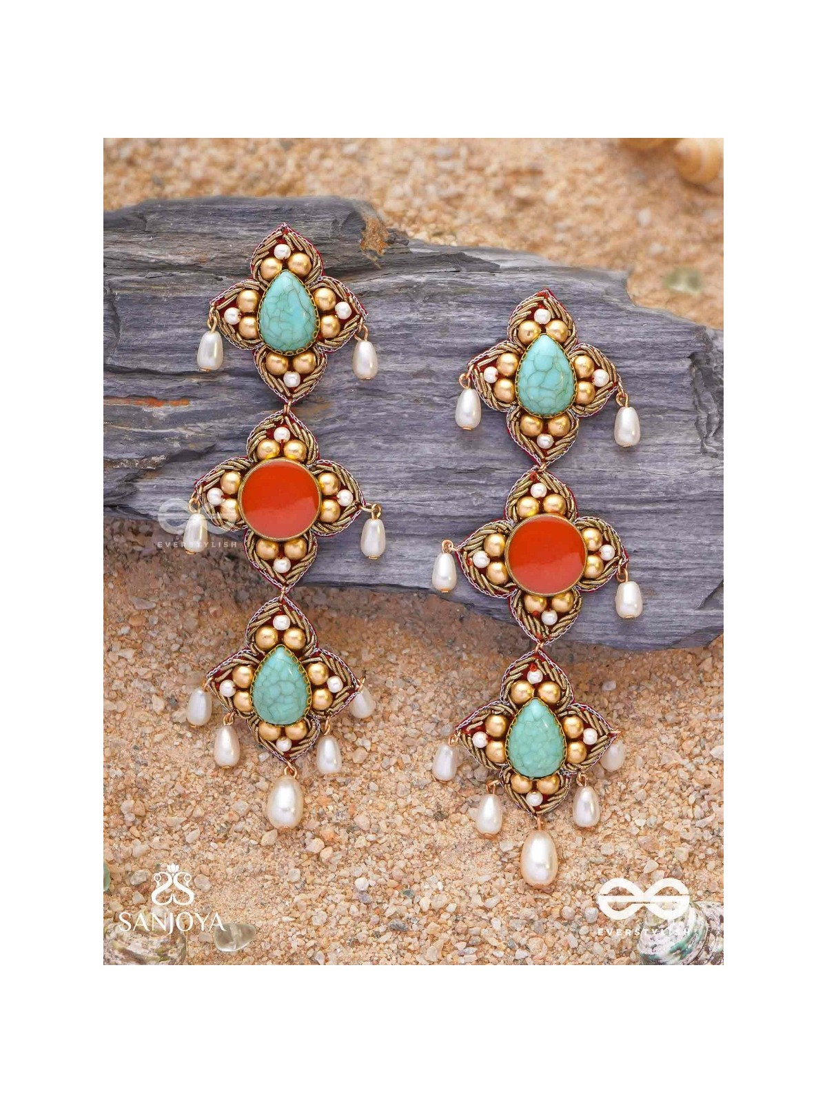 Bhritpushpa - The Floral Cascade - Beads, Dabka And Pearl Drops Hand Embroidered Earrings