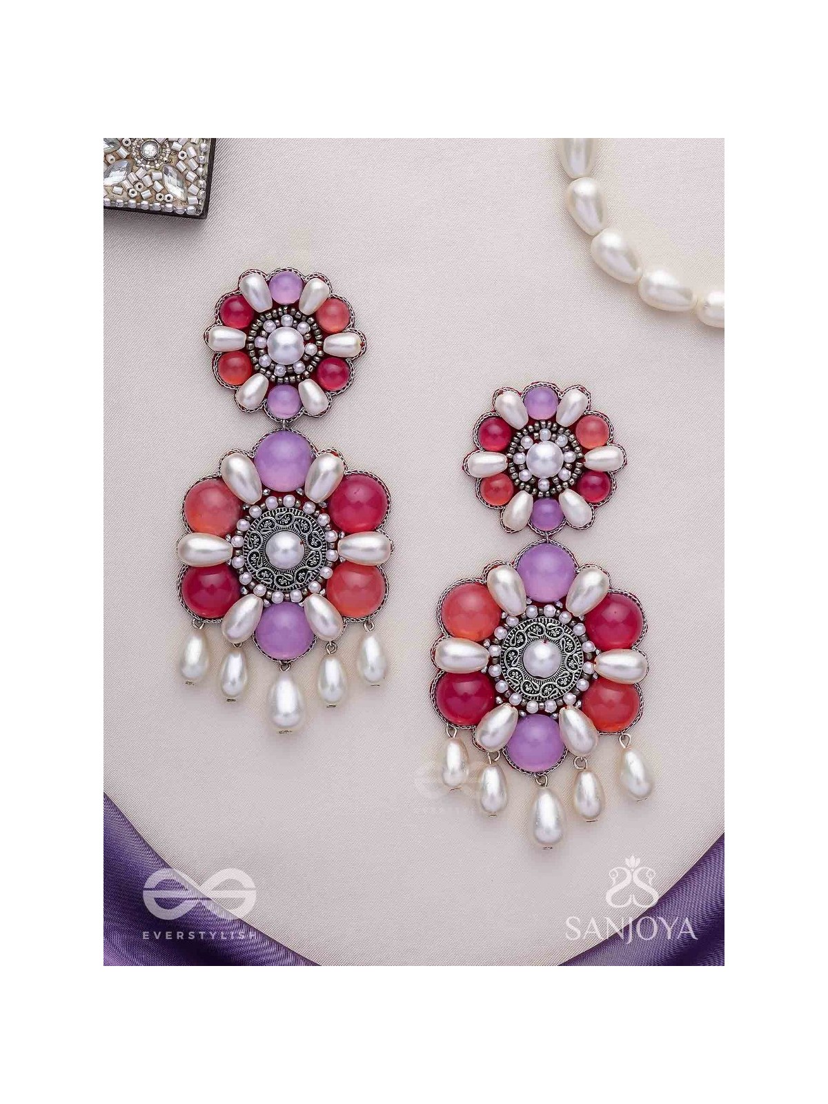 Laagnritt - Waltz Of The Flowers - Beads And Pearl Drops Hand Embroidered Oxidised Earrings