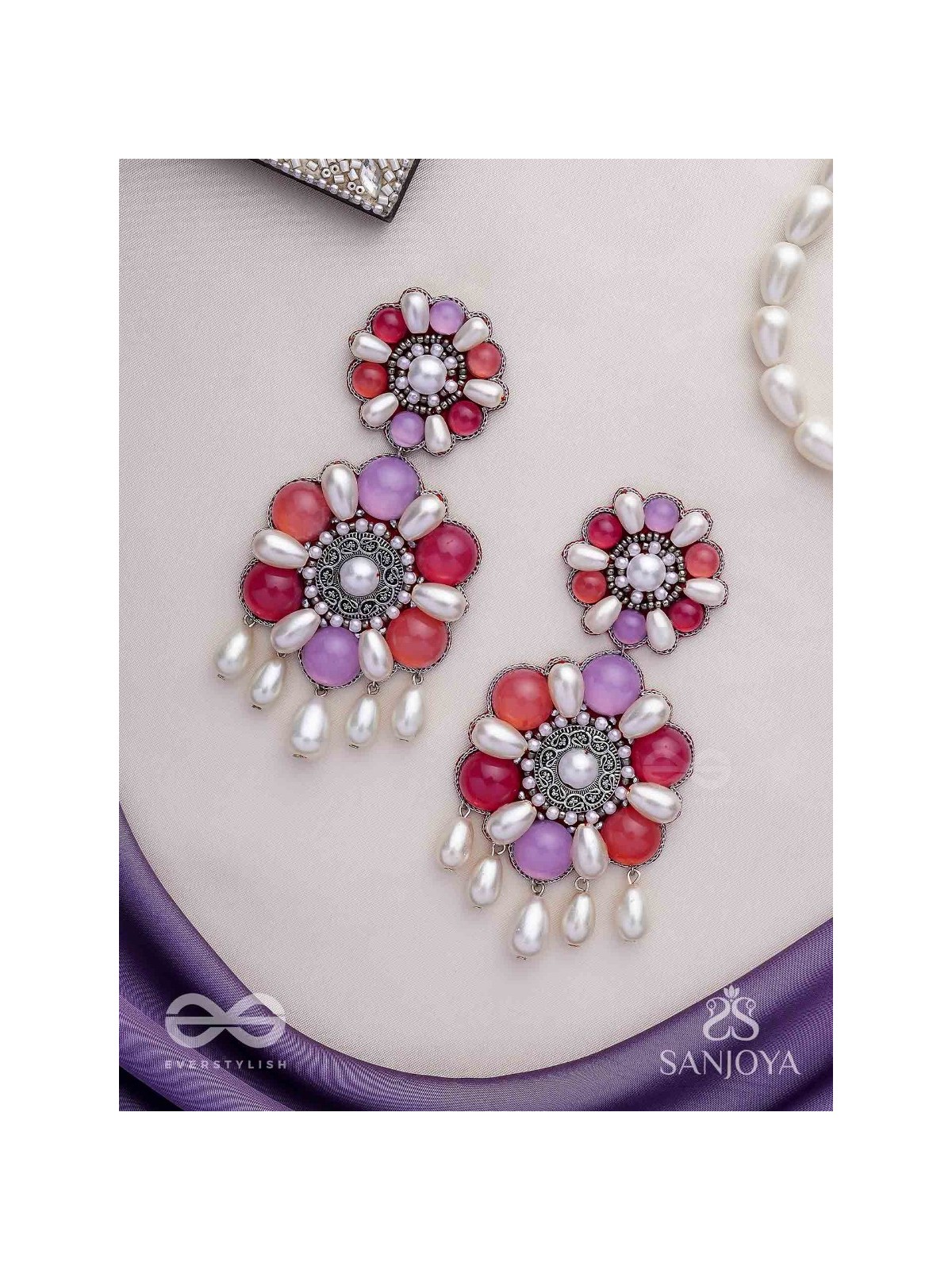 Laagnritt - Waltz Of The Flowers - Beads And Pearl Drops Hand Embroidered Oxidised Earrings