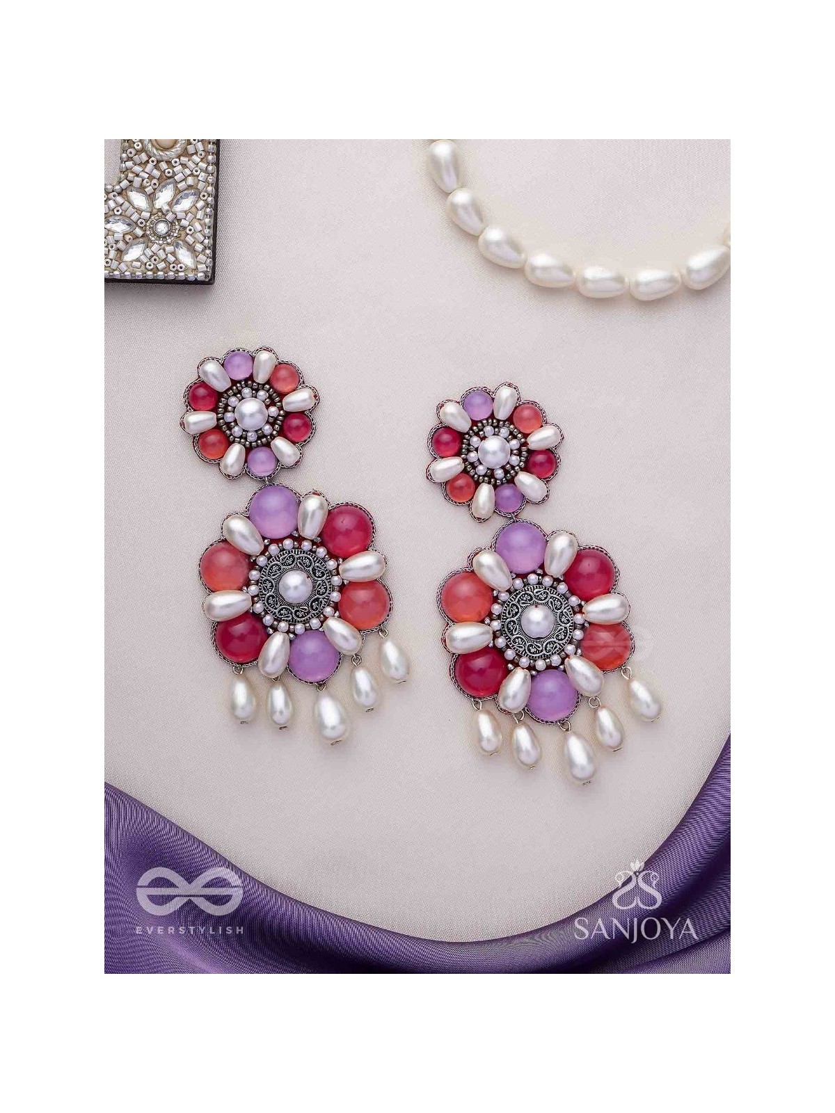 Laagnritt - Waltz Of The Flowers - Beads And Pearl Drops Hand Embroidered Oxidised Earrings