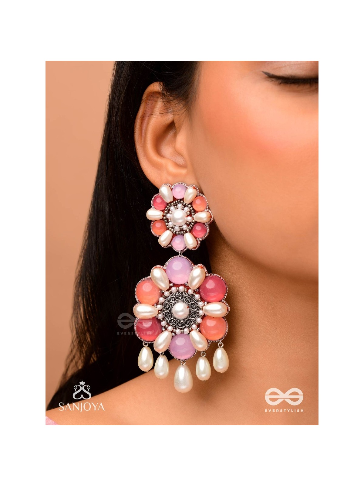 Laagnritt - Waltz Of The Flowers - Beads And Pearl Drops Hand Embroidered Oxidised Earrings