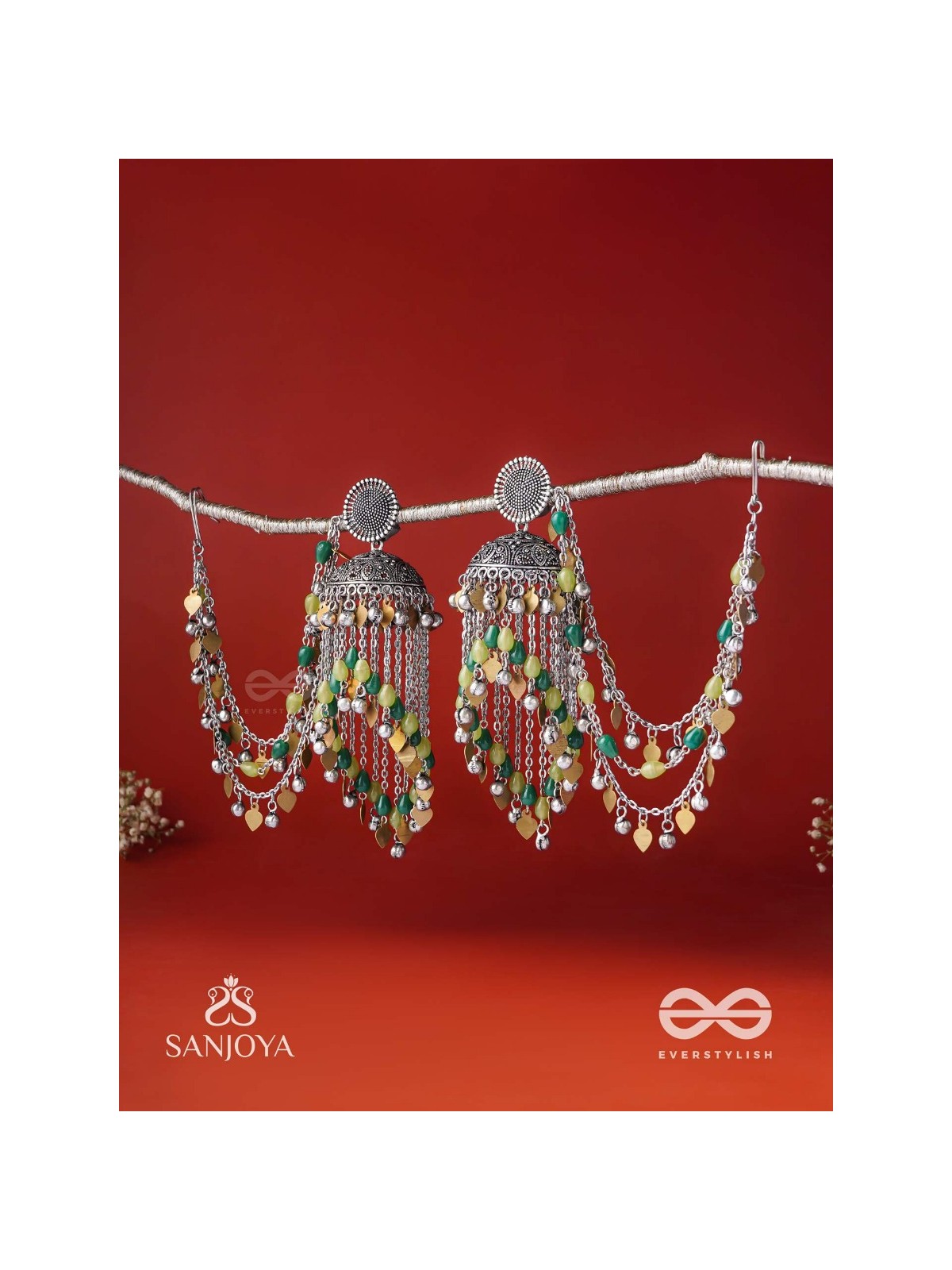 Girayah - Souvenirs Of The Nature - Beads And Glass Drops Hand Embroidered Oxidised Chain Earrings