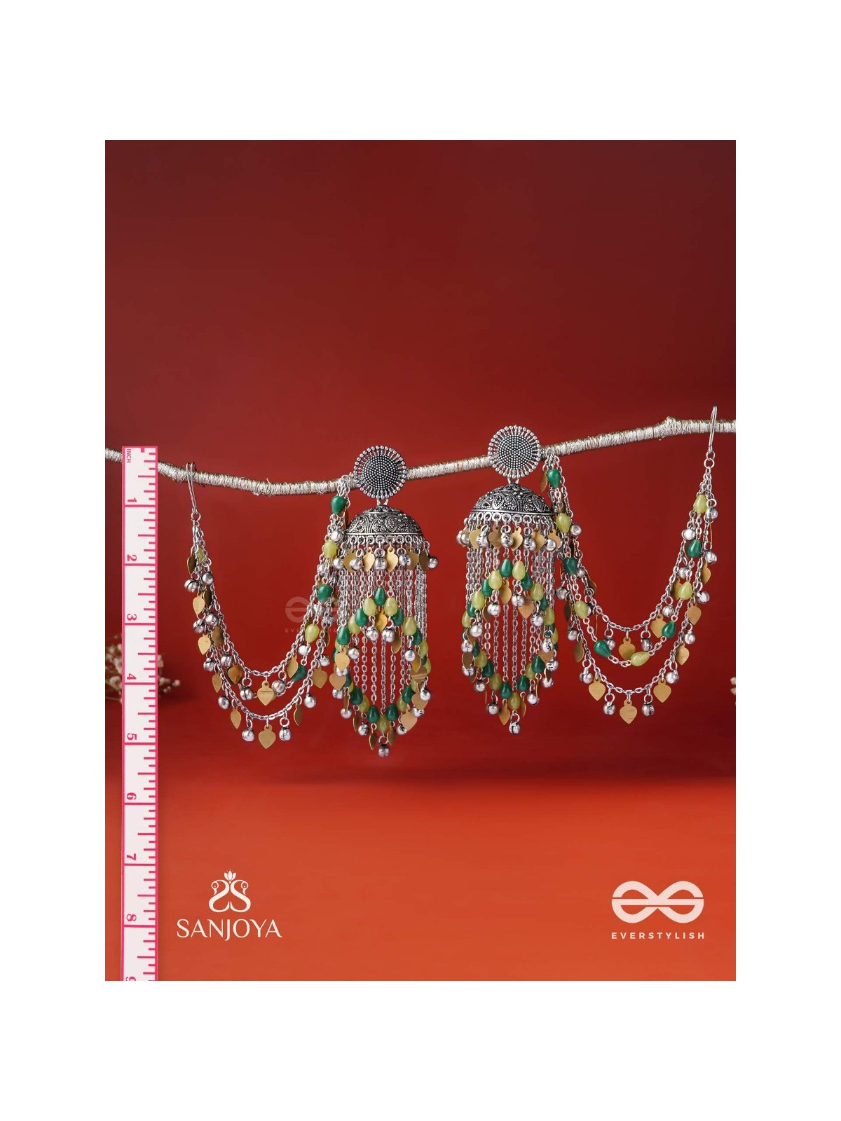 Girayah - Souvenirs Of The Nature - Beads And Glass Drops Hand Embroidered Oxidised Chain Earrings