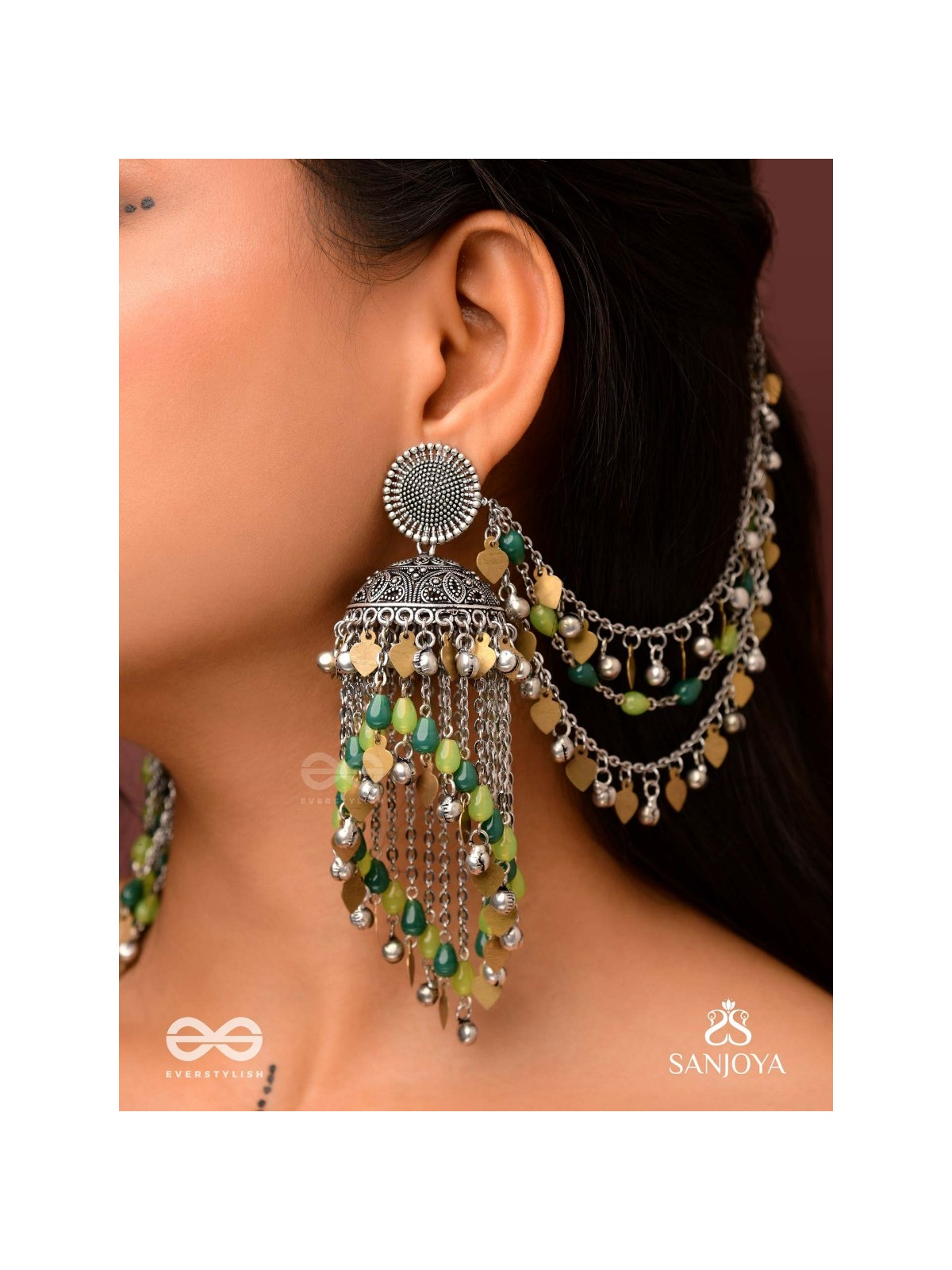 Girayah - Souvenirs Of The Nature - Beads And Glass Drops Hand Embroidered Oxidised Chain Earrings