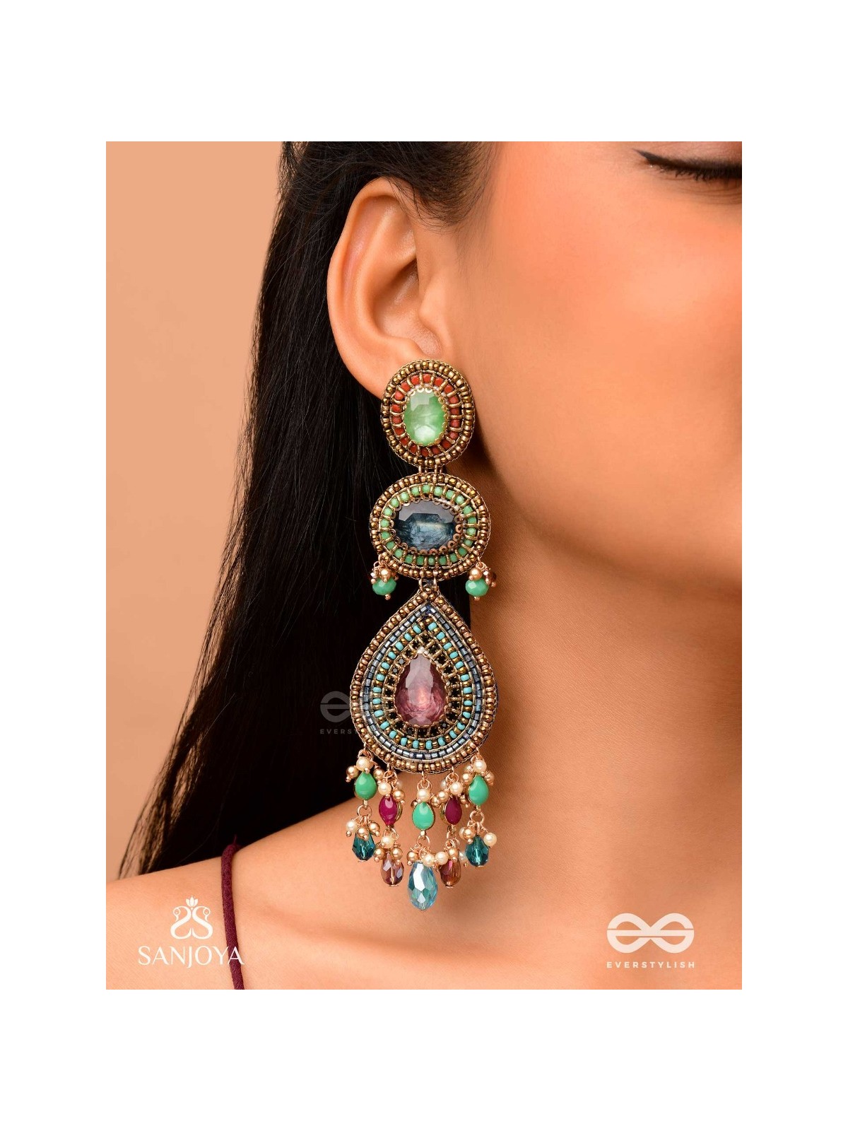 Adhirajani - The Night Stories - Stones, Beads And Glass Drops Hand Embroidered Earrings