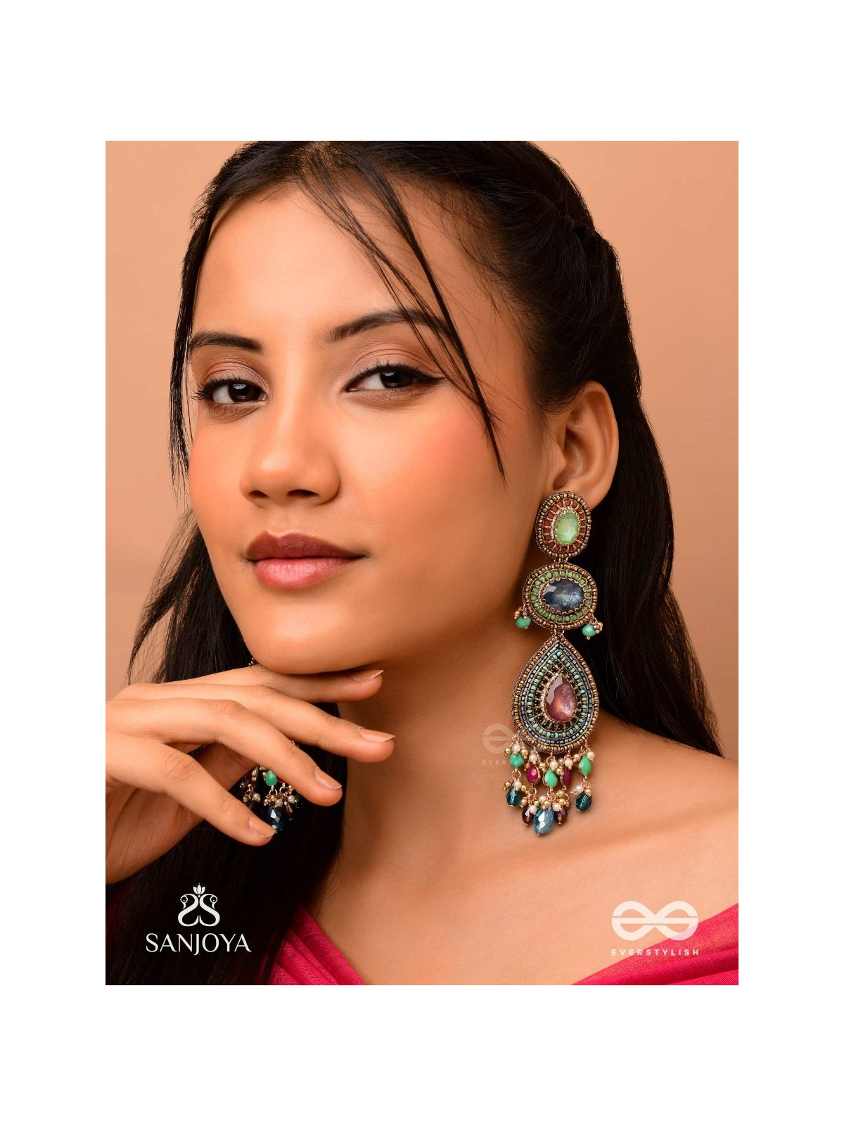 Adhirajani - The Night Stories - Stones, Beads And Glass Drops Hand Embroidered Earrings