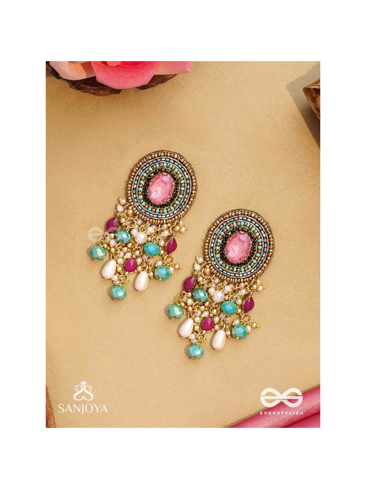 Prakhyaih - The Hazy Splendor - Stones, Beads And Pearl Drops Hand Embroidered Earrings