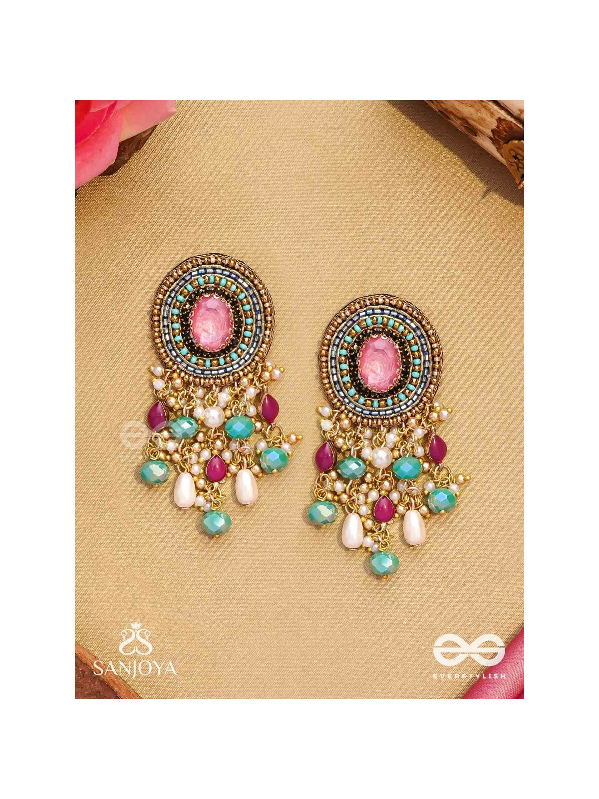 Prakhyaih - The Hazy Splendor - Stones, Beads And Pearl Drops Hand Embroidered Earrings