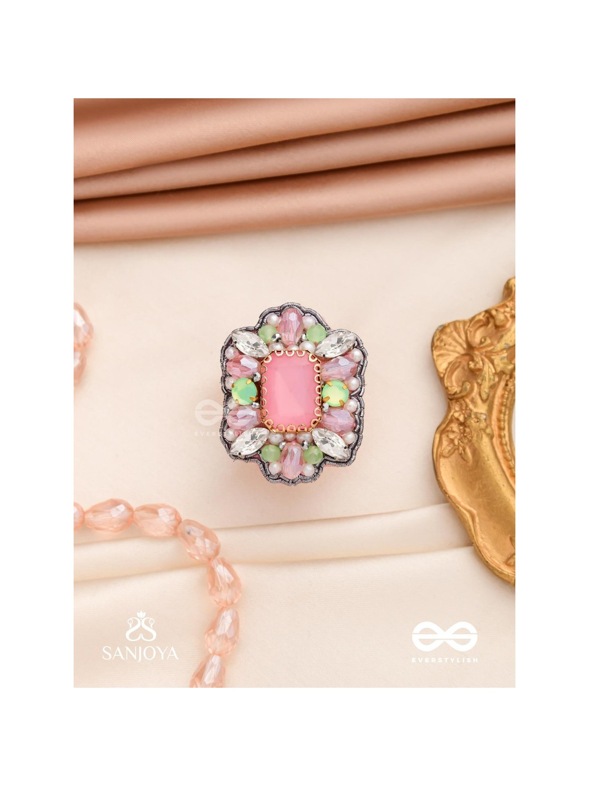 SUKRATMANI –WELL-CRAFTED GEM –HAND EMBROIDERED PINK RING EMBELLISHED WITH STONES AND PEARLS