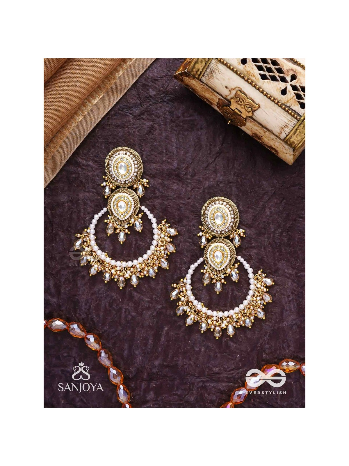 Suvarnkantika – Golden radiance – Gold toned, Kundan embellished earrings with pearl and bead danglers