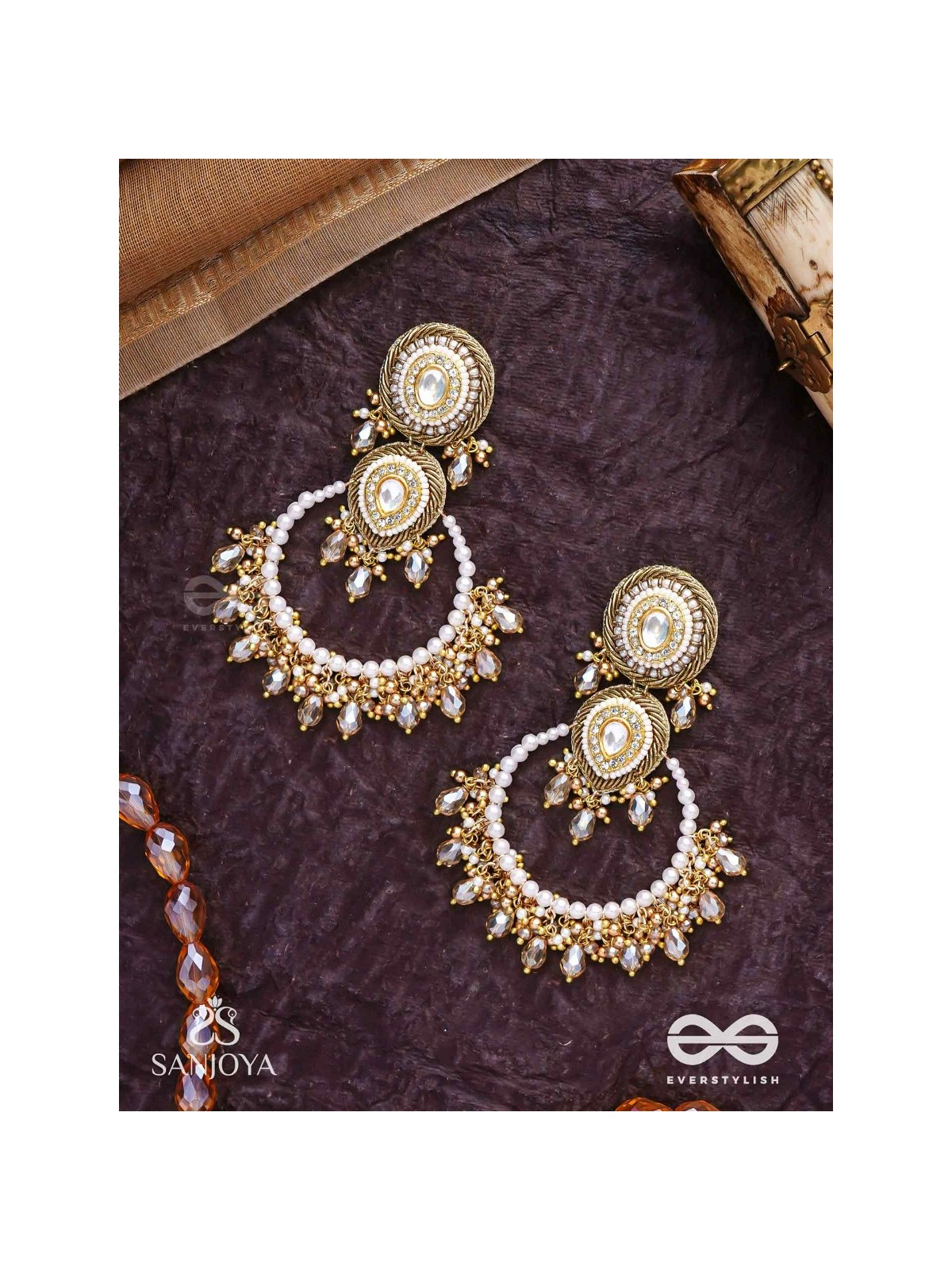 Suvarnkantika – Golden radiance – Gold toned, Kundan embellished earrings with pearl and bead danglers