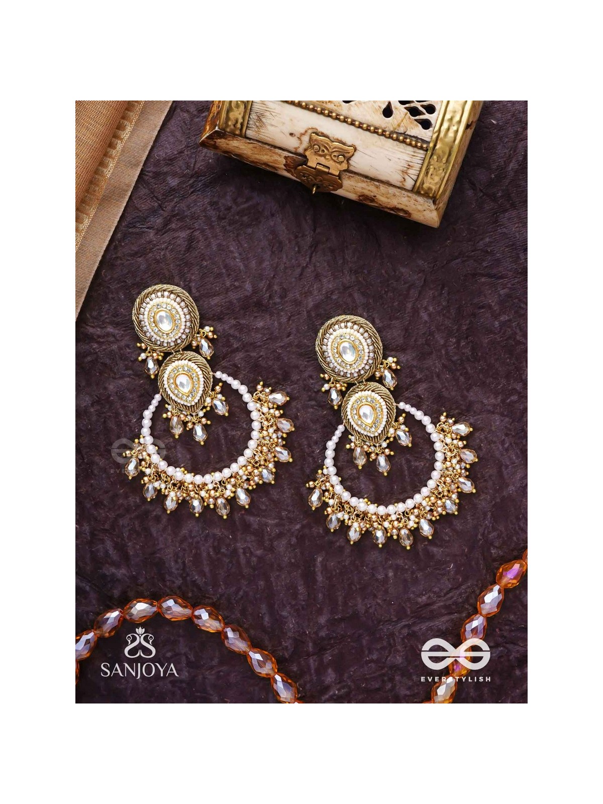 Suvarnkantika – Golden radiance – Gold toned, Kundan embellished earrings with pearl and bead danglers