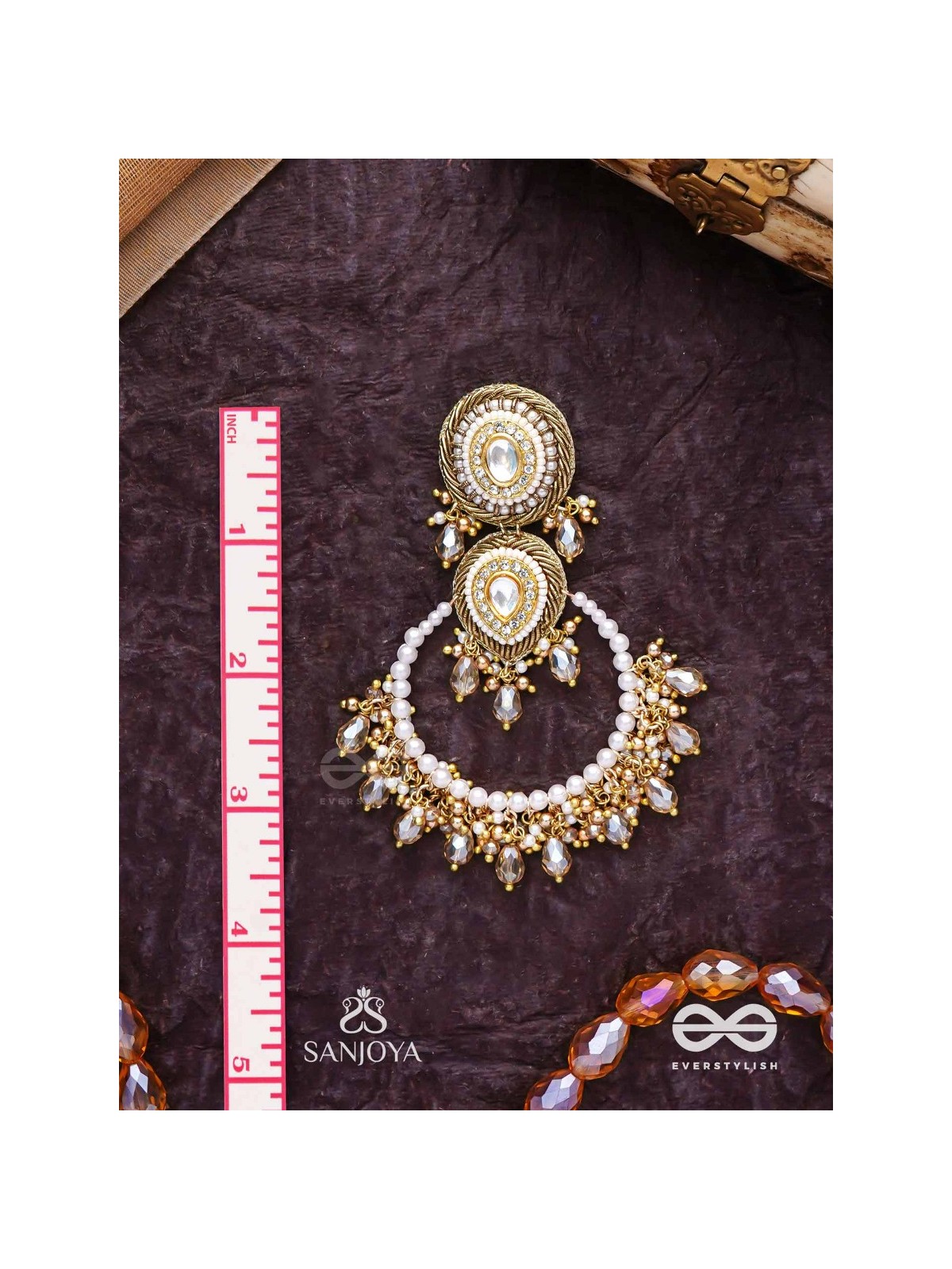 Suvarnkantika – Golden radiance – Gold toned, Kundan embellished earrings with pearl and bead danglers