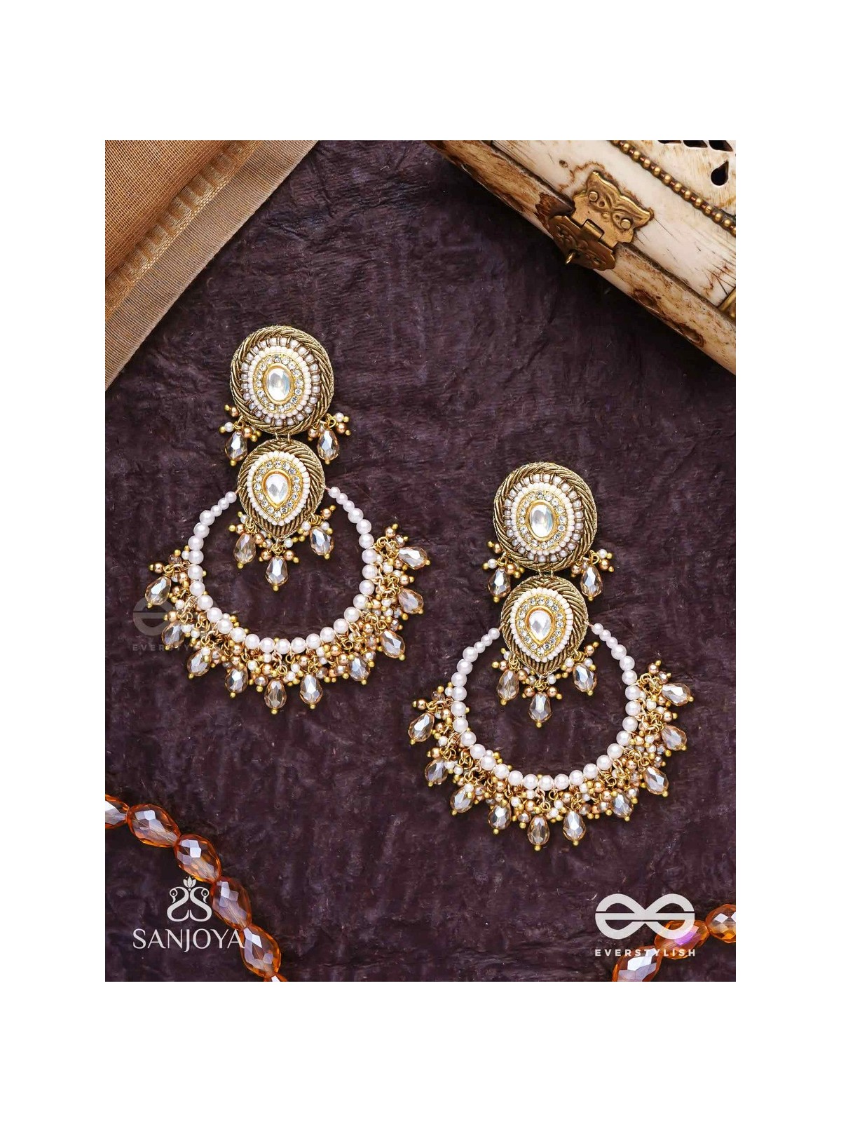 Suvarnkantika – Golden radiance – Gold toned, Kundan embellished earrings with pearl and bead danglers