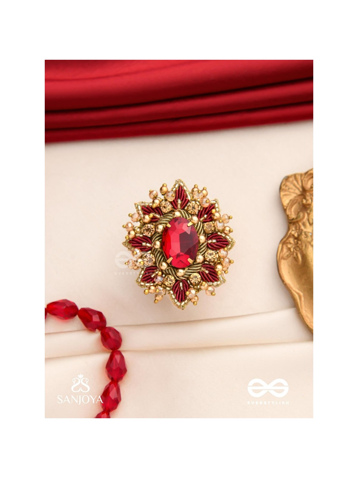 PRABHA - THE RADIANT RED DAISY - EMBROIDERED FLOWER DESIGN WITH CENTRAL RED STONE AND BEADS 