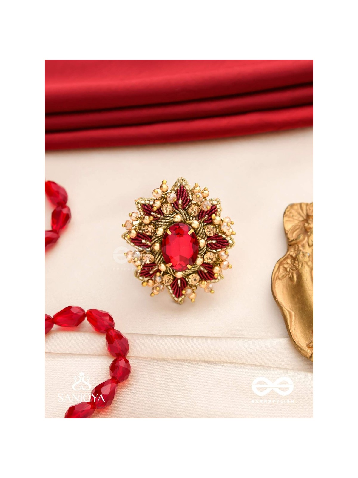 PRABHA - THE RADIANT RED DAISY - EMBROIDERED FLOWER DESIGN WITH CENTRAL RED STONE AND BEADS 