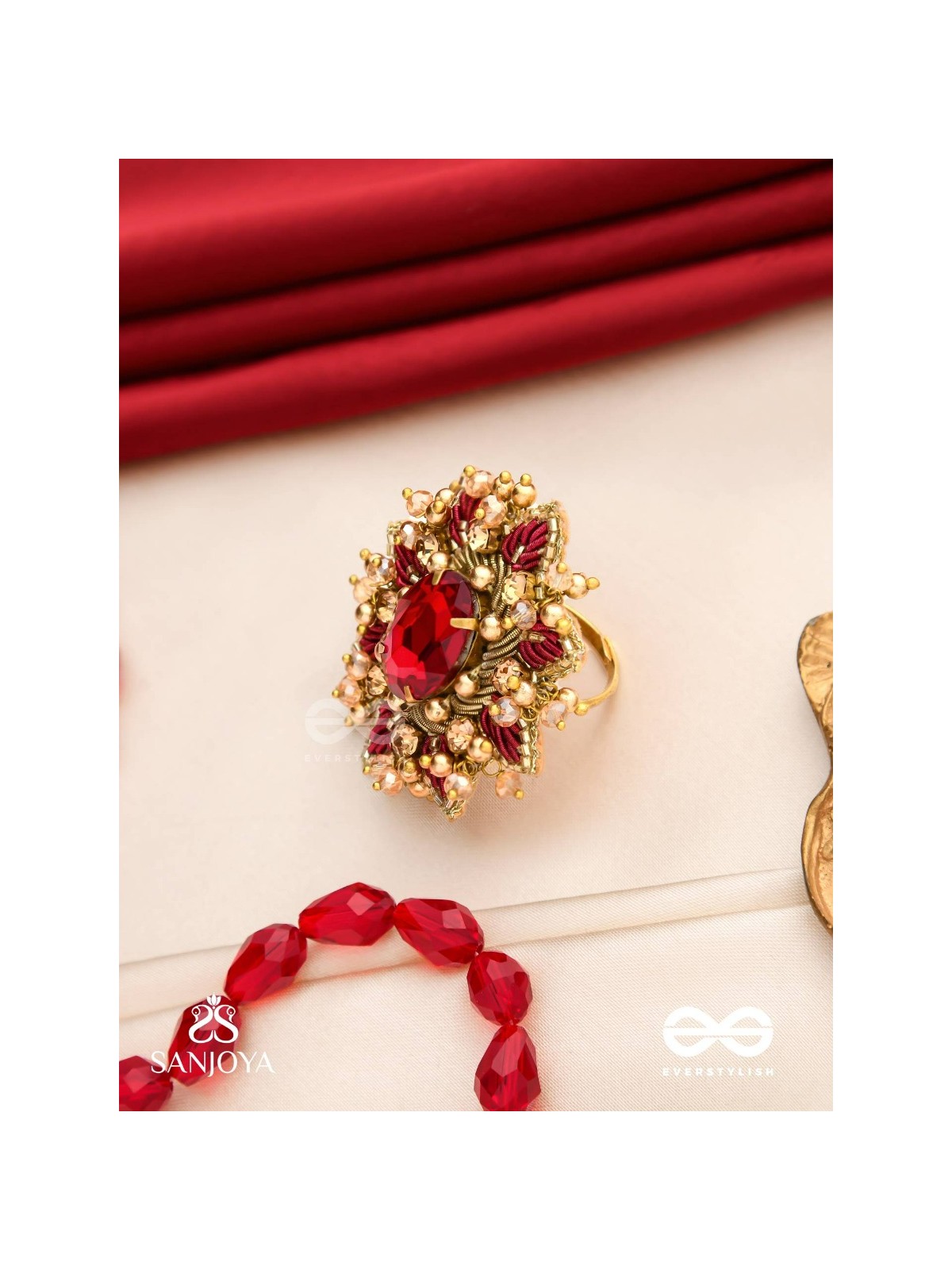 PRABHA - THE RADIANT RED DAISY - EMBROIDERED FLOWER DESIGN WITH CENTRAL RED STONE AND BEADS 