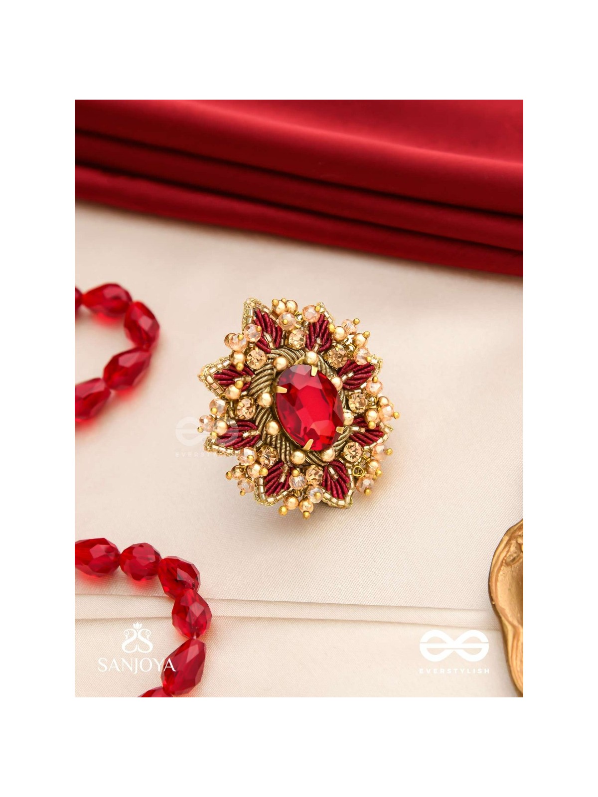 PRABHA - THE RADIANT RED DAISY - EMBROIDERED FLOWER DESIGN WITH CENTRAL RED STONE AND BEADS 