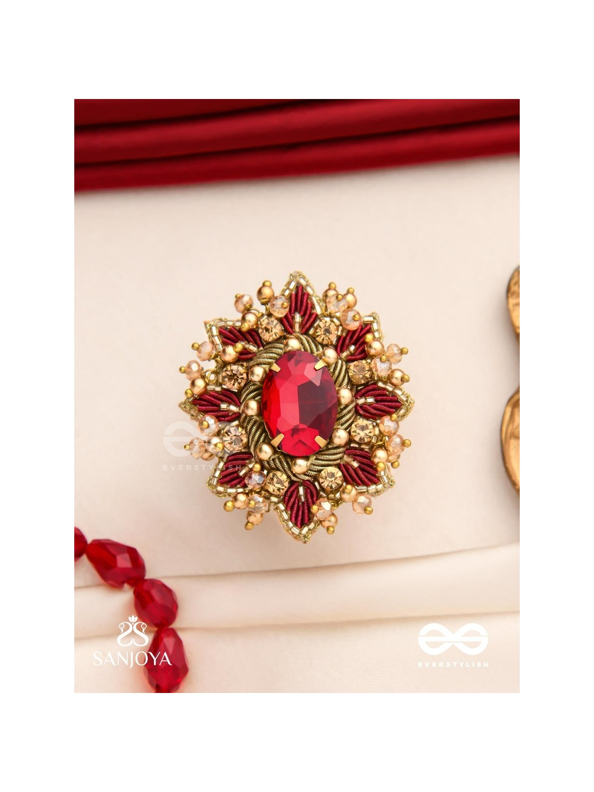 PRABHA - THE RADIANT RED DAISY - EMBROIDERED FLOWER DESIGN WITH CENTRAL RED STONE AND BEADS 