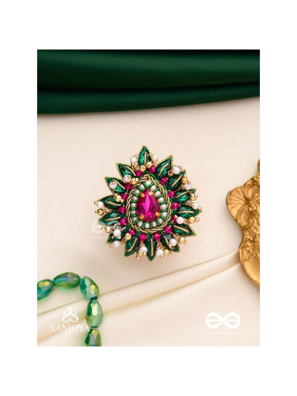 KANTARA - THE CHARM HOLDER - EMBROIDERED FLOWER DESIGN WITH PURPLE GEMSTONE AND PEARLS