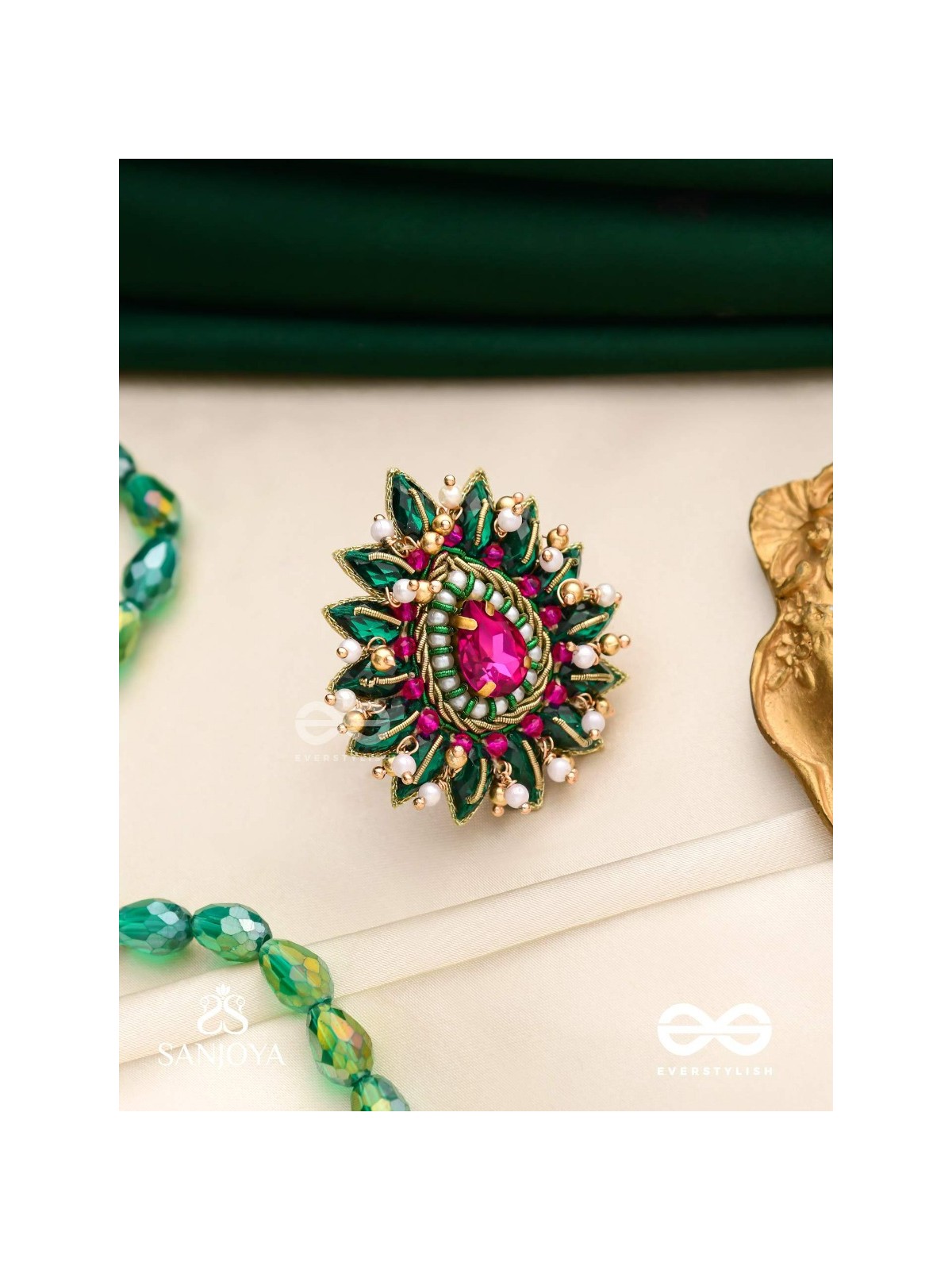 KANTARA - THE CHARM HOLDER - EMBROIDERED FLOWER DESIGN WITH PURPLE GEMSTONE AND PEARLS