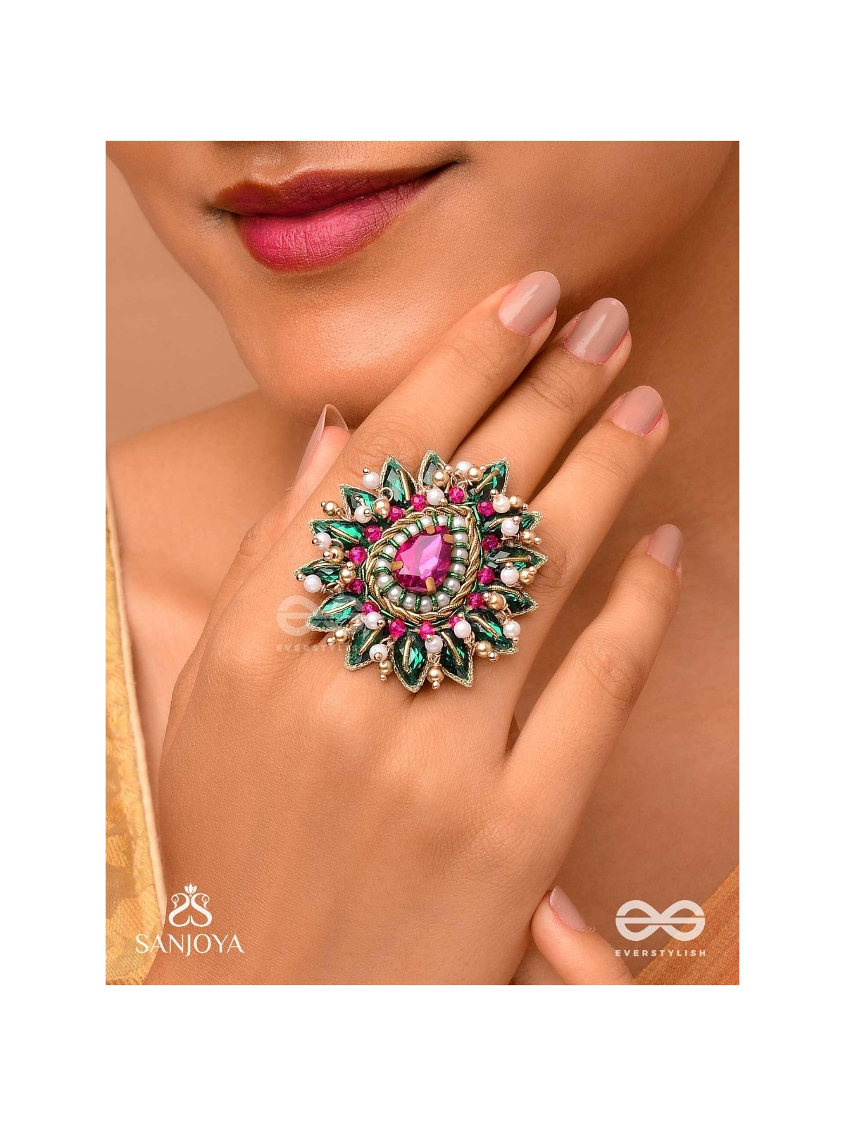 KANTARA - THE CHARM HOLDER - EMBROIDERED FLOWER DESIGN WITH PURPLE GEMSTONE AND PEARLS