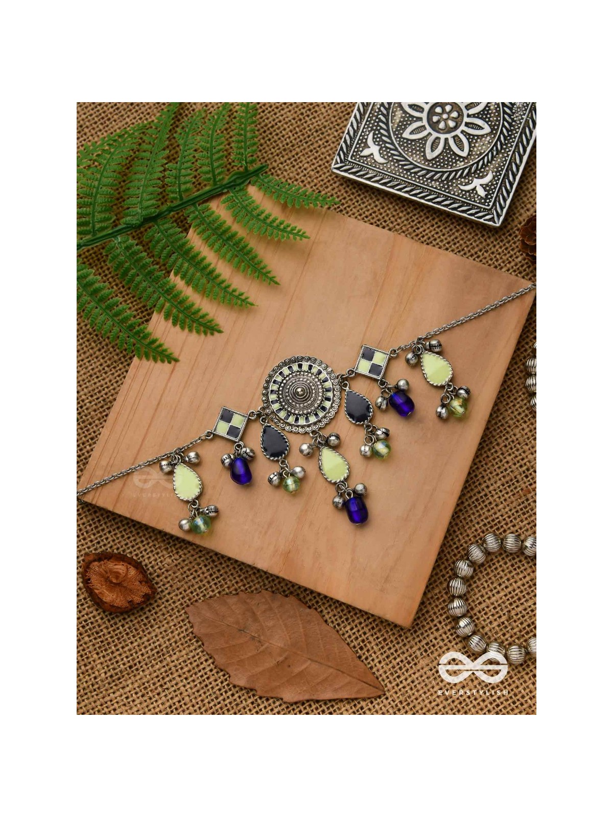 The Blue Stone - Embellished silver oxidized geometrical motif necklace