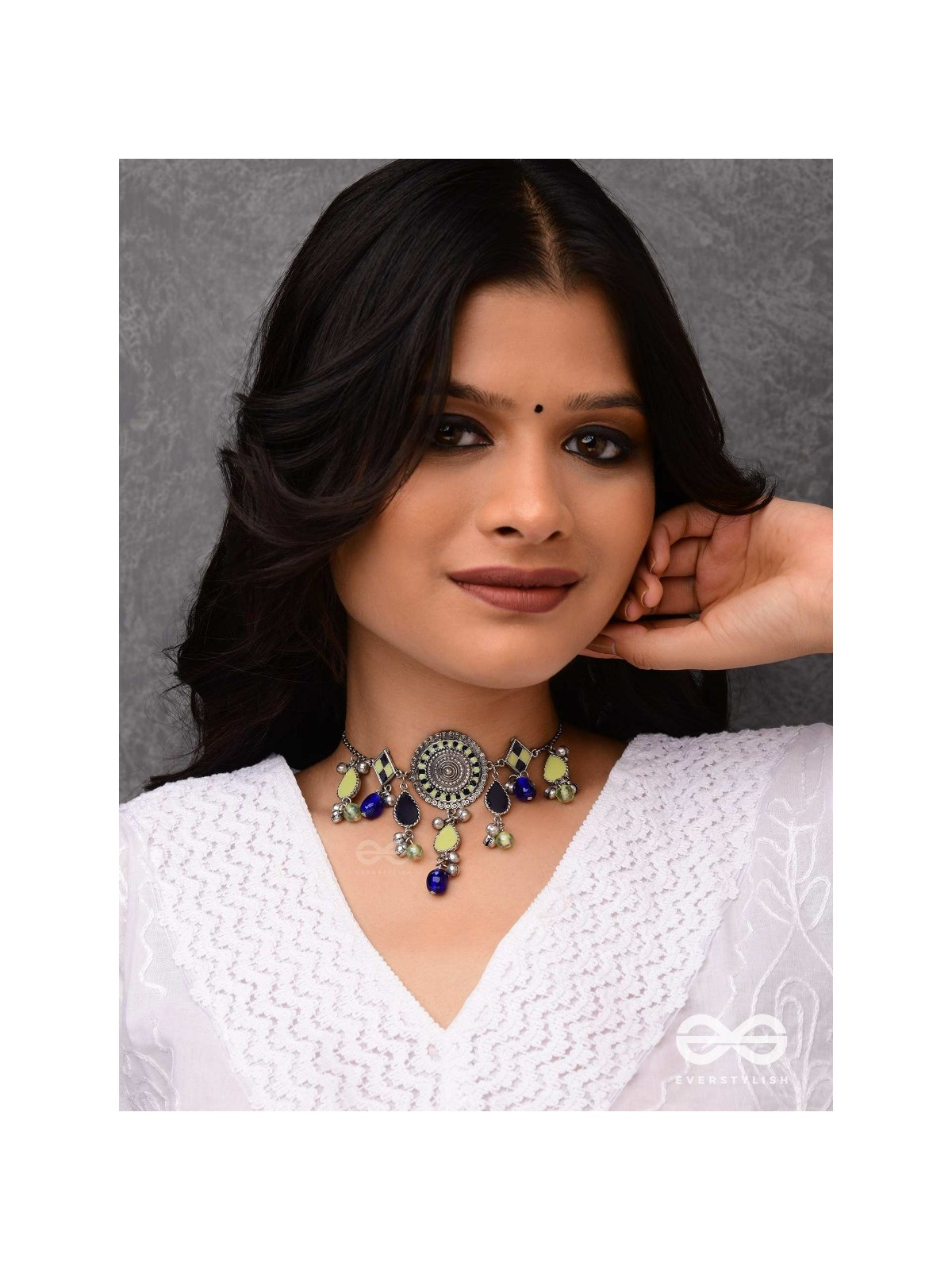 The Blue Stone - Embellished silver oxidized geometrical motif necklace