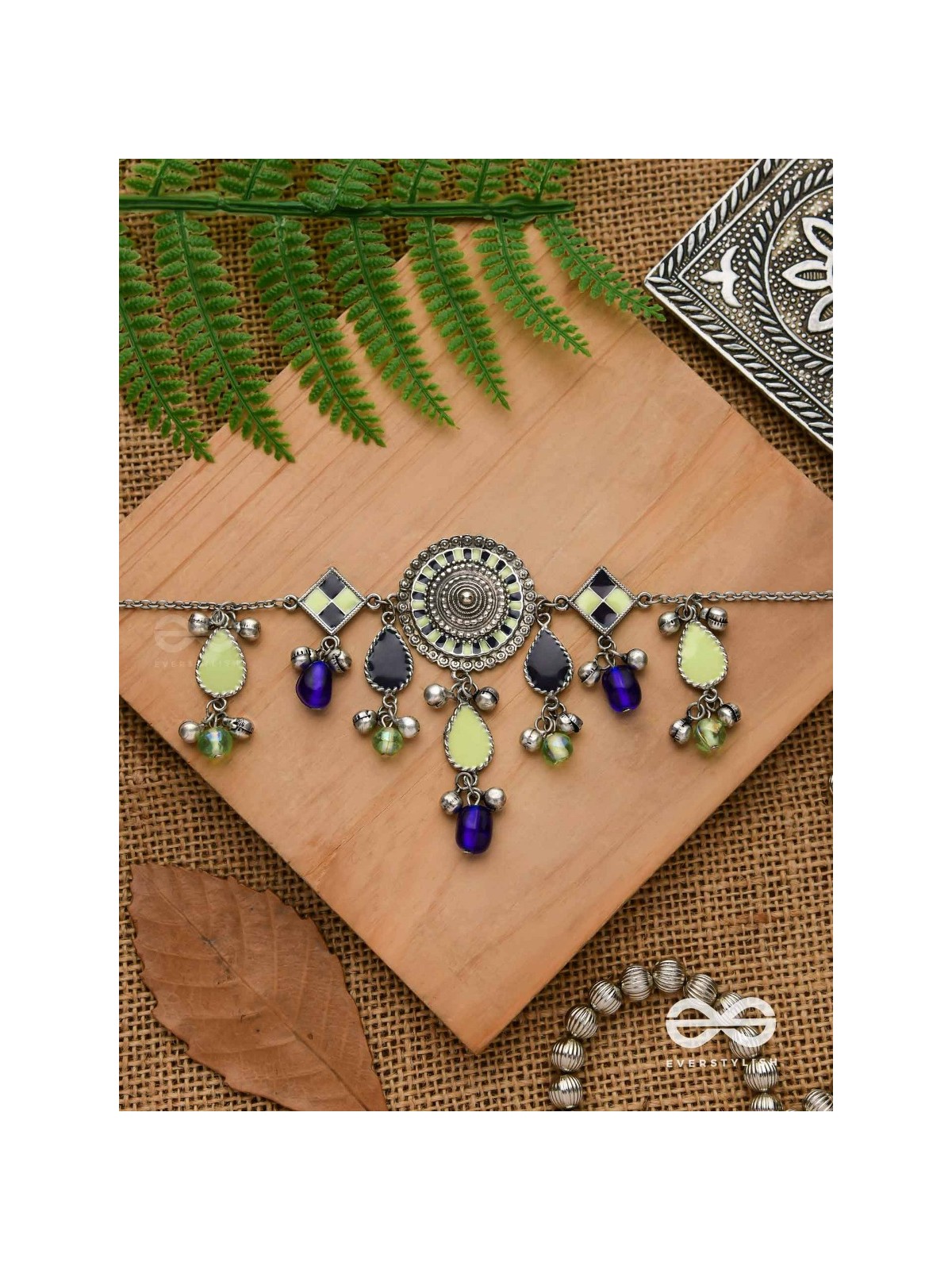 The Blue Stone - Embellished silver oxidized geometrical motif necklace