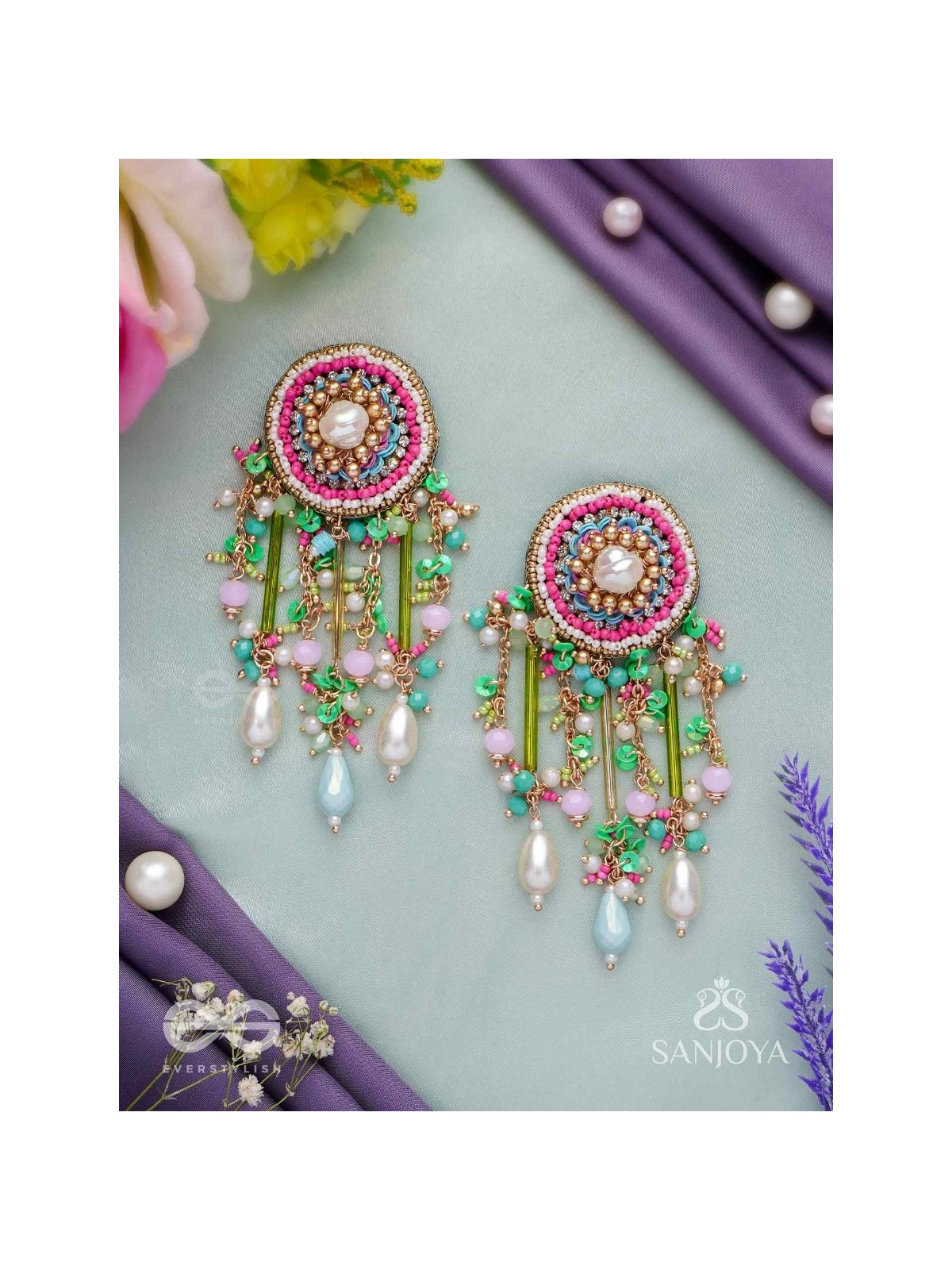 MANJUSUMANA - BEAUTIFUL BLOSSOM - HAND EMBROIDERED COLOURFUL EARRINGS WITH CIRCULAR MOTIF EMBELLISHED WITH BEADS AND DECORATIVE FRINGES