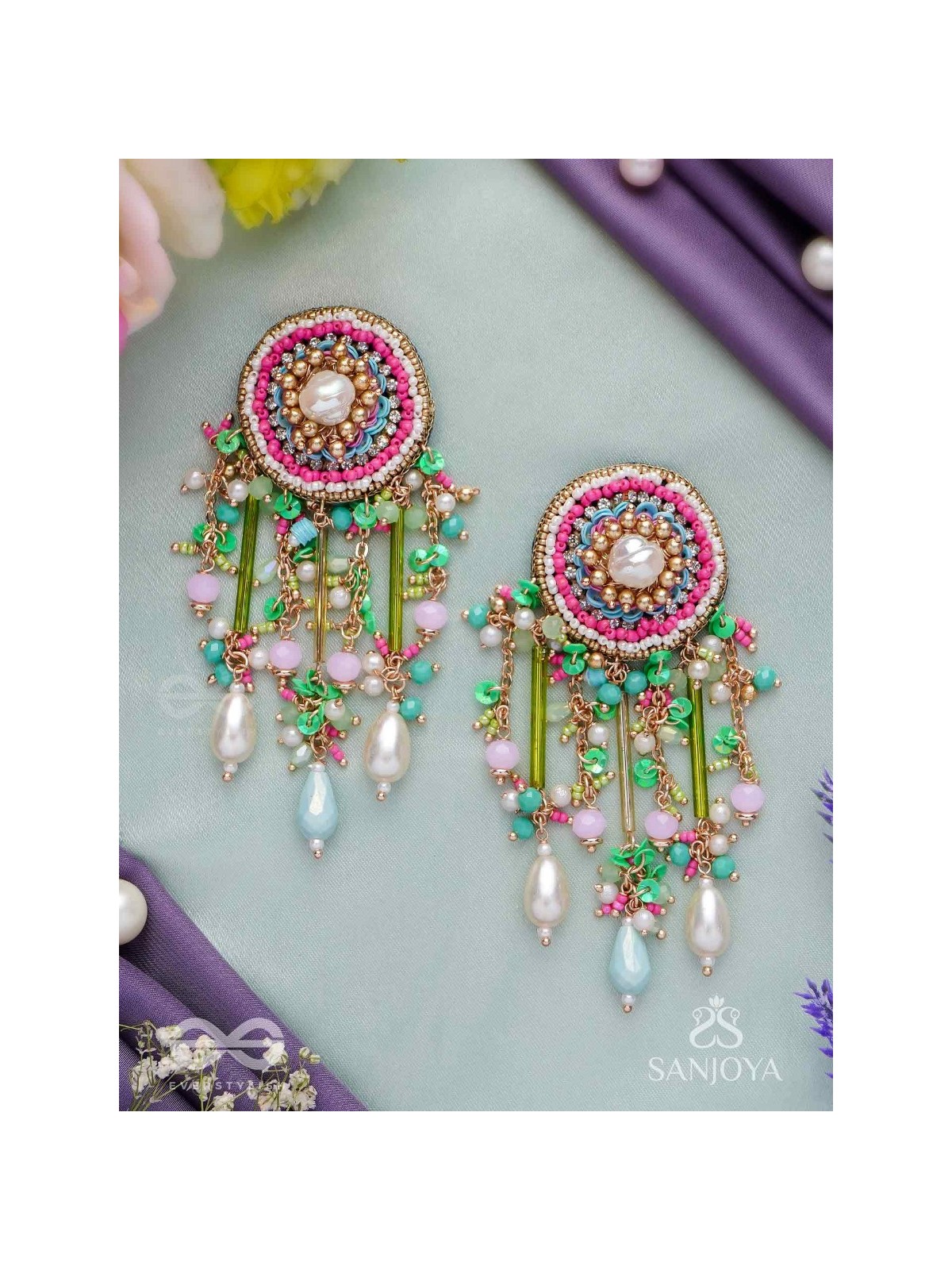 MANJUSUMANA - BEAUTIFUL BLOSSOM - HAND EMBROIDERED COLOURFUL EARRINGS WITH CIRCULAR MOTIF EMBELLISHED WITH BEADS AND DECORATIVE FRINGES