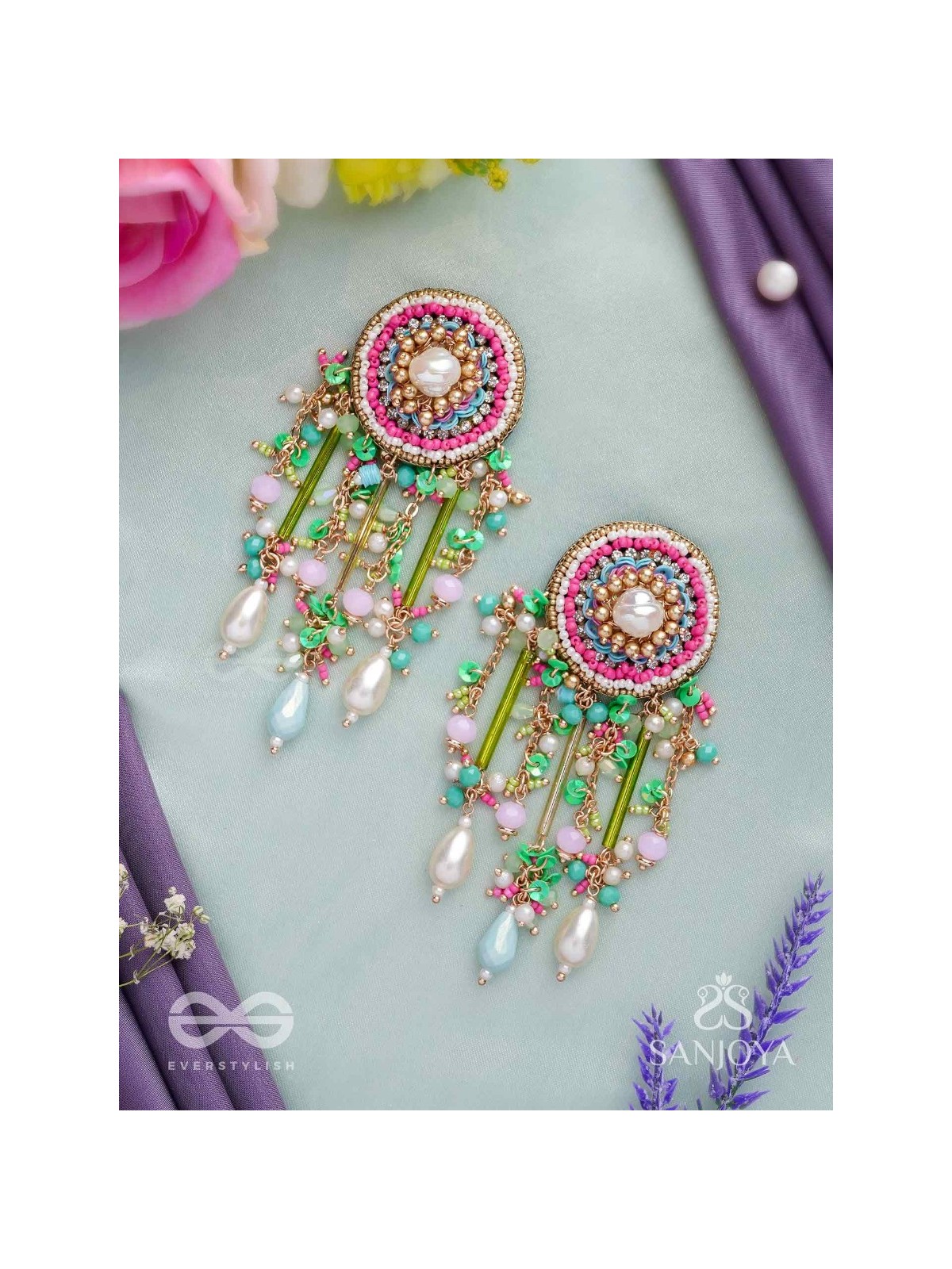 MANJUSUMANA - BEAUTIFUL BLOSSOM - HAND EMBROIDERED COLOURFUL EARRINGS WITH CIRCULAR MOTIF EMBELLISHED WITH BEADS AND DECORATIVE FRINGES